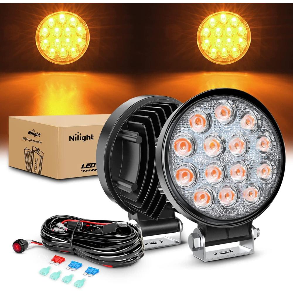 imageNilight LED Pods 2Pcs 45Inch 42W 4200LM Round Flood Light Off Road Fog Lights Driving Roof LED Light Bar Work Light for ATV UTV SUV Truck Boat 15017CBAmber Pods Wiring Harness
