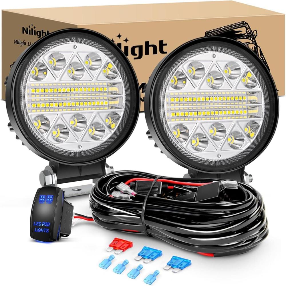 imageNilight LED Pods 2Pcs 45Inch 42W 4200LM Round Flood Light Off Road Fog Lights Driving Roof LED Light Bar Work Light for ATV UTV SUV Truck Boat 15017CB45Inch 28led LED Pods Wiring Harness