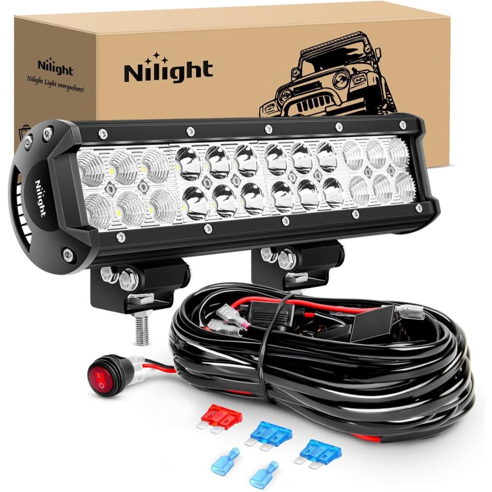 imageNilight Led Light Bar 12 Inch 72W Spot Flood Combo Off Road Fog Lights Driving LED Pods with Off Road 16AWG Wiring Harness Kit  1 Lead for Truck ATV UTV SUV Boat72W Light  Wiring harness