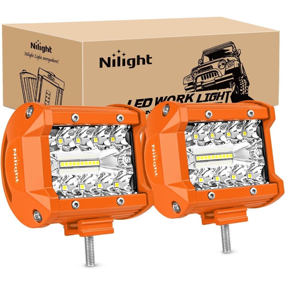 imageNilight Led Light Pods 2PC 4Inch 60W Flood Spot Combo Triple Row Driving Lamp Roof Bumper Off Road LED Work Lights Pods for Van Camper Wagon Car Pickup Golf Cart ATV UTV SUV Truck Boat 4x42Pcs Amber Shell with White Light
