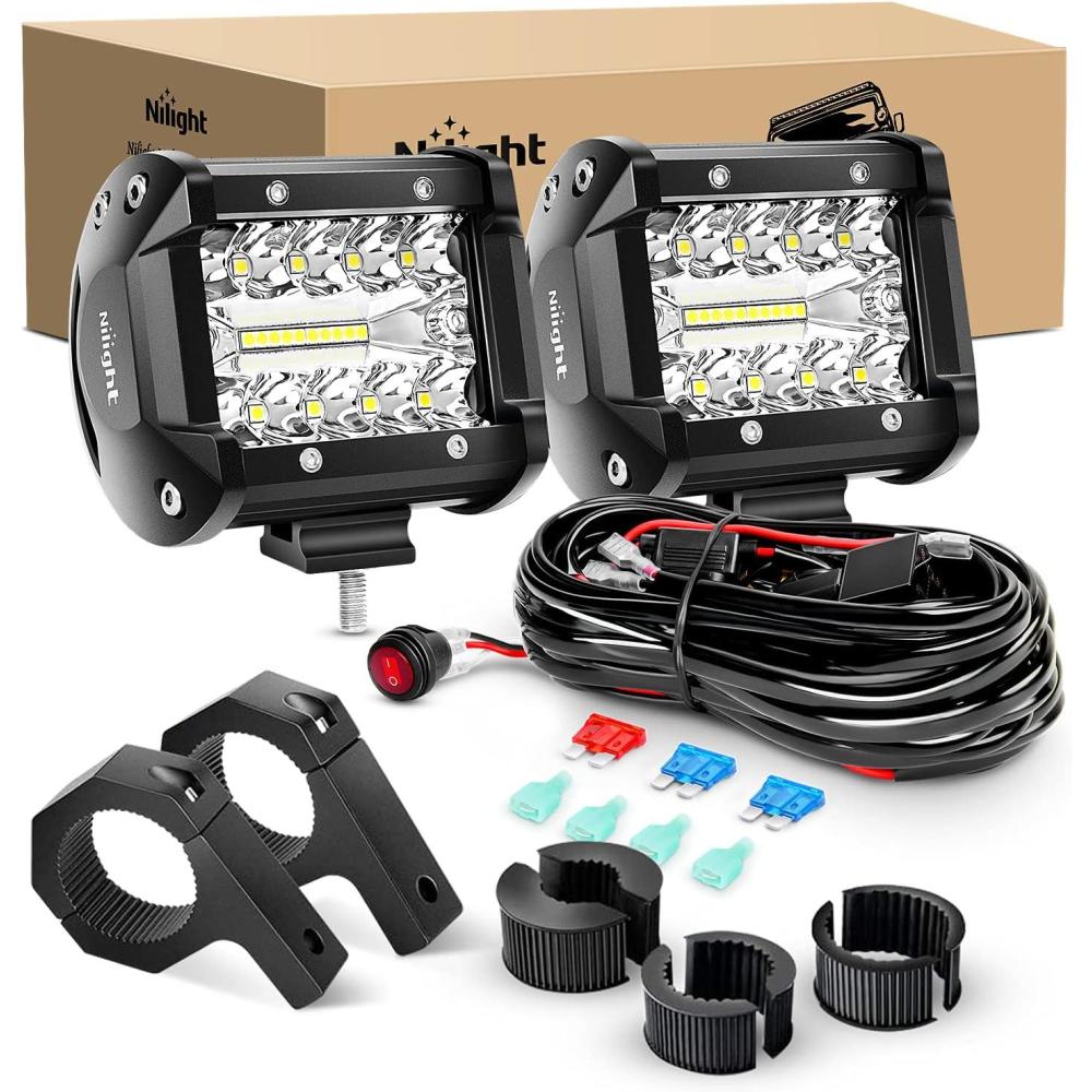 imageNilight Led Light Pods 2PC 4Inch 60W Flood Spot Combo Triple Row Driving Lamp Roof Bumper Off Road LED Work Lights Pods for Van Camper Wagon Car Pickup Golf Cart ATV UTV SUV Truck Boat 4x4Led Pods Wiring Tube Clamp