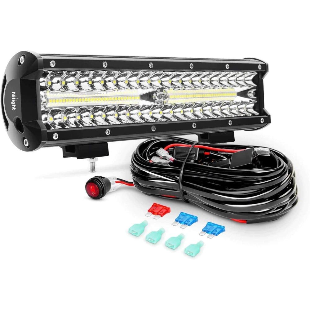 imageNilight ZH411A 12Inch 12 Inch 300W Triple Row Flood Spot Combo 30000LM Led Off Road Lights for Trucks with 16AWG Wiring Harness Kit2 Years Warranty1PC White Lights Wiring