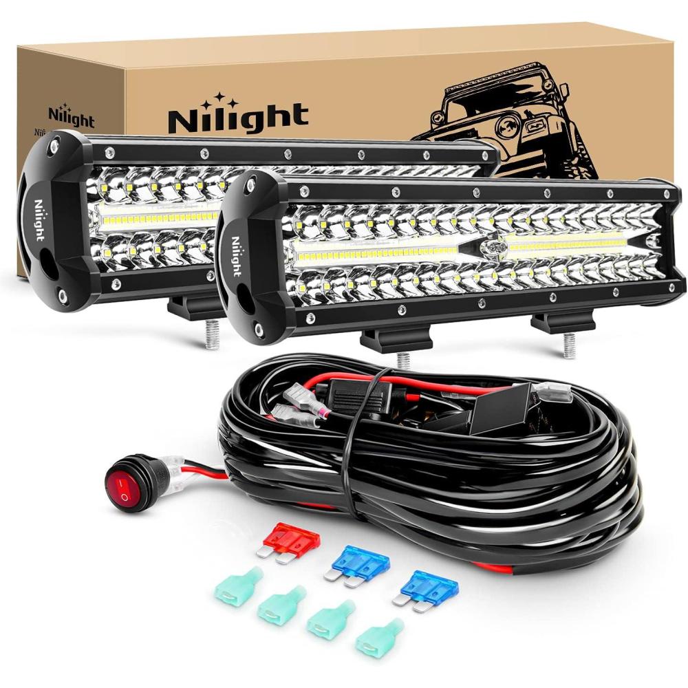 imageNilight ZH411A 12Inch 12 Inch 300W Triple Row Flood Spot Combo 30000LM Led Off Road Lights for Trucks with 16AWG Wiring Harness Kit2 Years Warranty2PCS White Lights Wiring