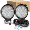 Nilight 2PCS 27W Round Flood Driving Lamp Waterproof Jeep Off Road Fog Lights with Off Road Wiring Harness- 2 Leads(White)
