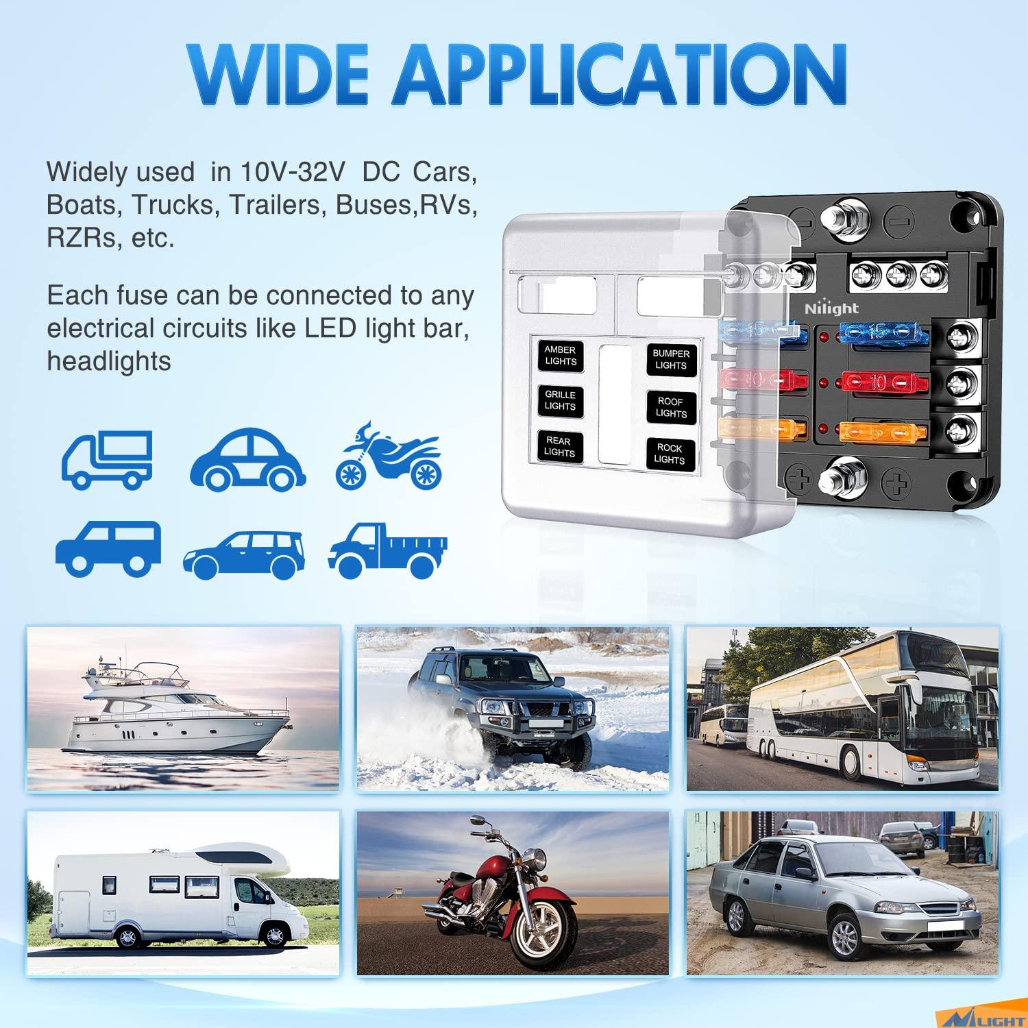 imageNilight 50055F 6 Way Blade Screw Fuse Block 6 Circuits with Negative Bus Fuse Box Holder with LED Indicator ATOATC Fuse Panel Waterproof Cover for 12V Automotive Cars Marine Boats RVs Trailers6Way Fuse Block