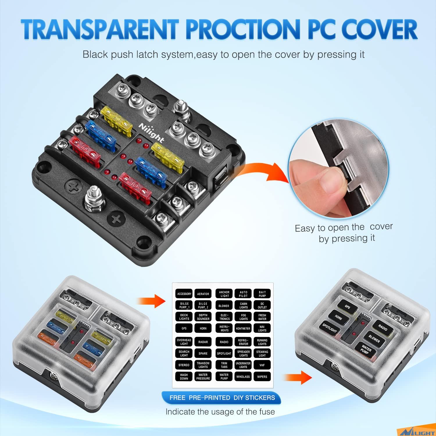 imageNilight 50055F 6 Way Blade Screw Fuse Block 6 Circuits with Negative Bus Fuse Box Holder with LED Indicator ATOATC Fuse Panel Waterproof Cover for 12V Automotive Cars Marine Boats RVs Trailers6Way Fuse Block
