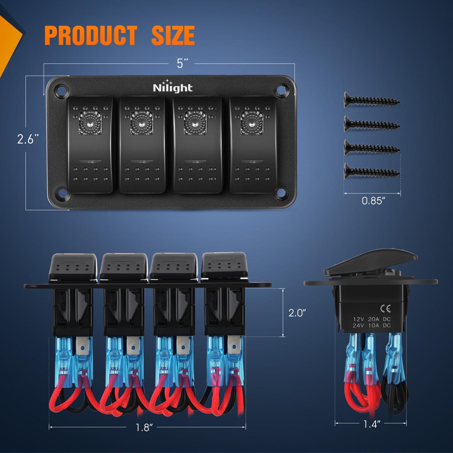 imageNilight 90109D 4 Gang Aluminum Rocker Switch Panel Toggle Dash 5 Pin ONOff PreWired Rocker Switch Blue Backlit Switch for Automotive Car Marine Boat RV2 Years WarrantyPurple