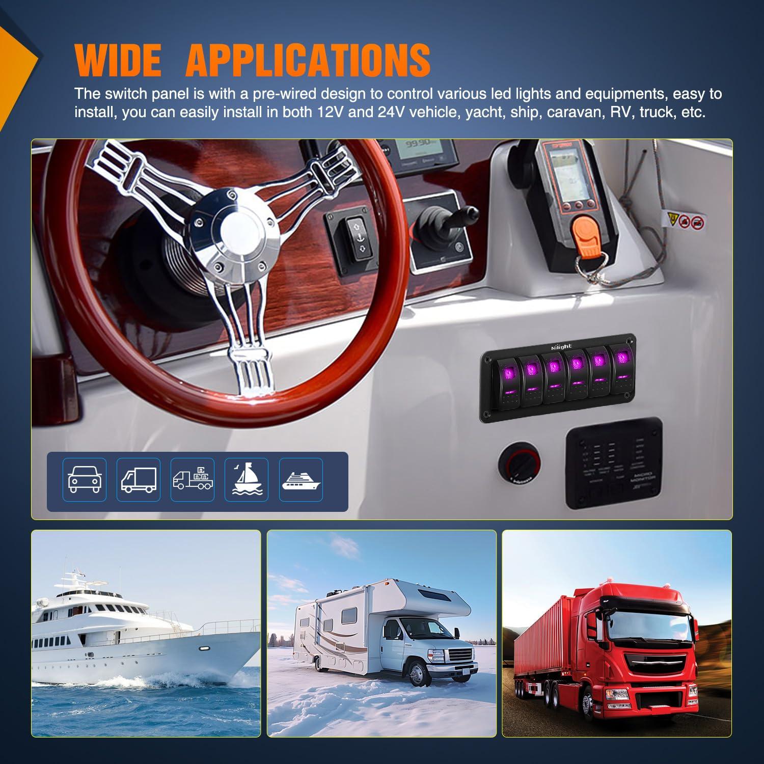 imageNilight 90109D 4 Gang Aluminum Rocker Switch Panel Toggle Dash 5 Pin ONOff PreWired Rocker Switch Blue Backlit Switch for Automotive Car Marine Boat RV2 Years WarrantyPurple