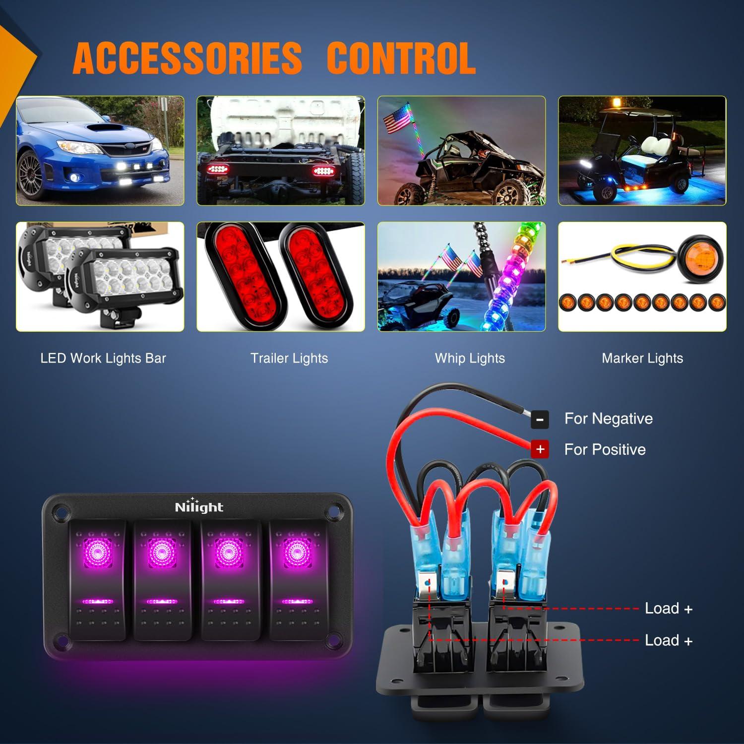 imageNilight 90109D 4 Gang Aluminum Rocker Switch Panel Toggle Dash 5 Pin ONOff PreWired Rocker Switch Blue Backlit Switch for Automotive Car Marine Boat RV2 Years WarrantyPurple