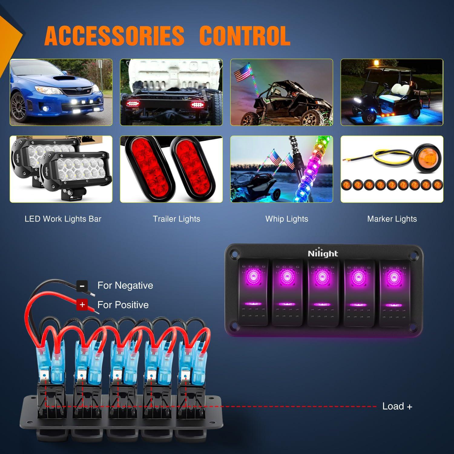 imageNilight 90109D 4 Gang Aluminum Rocker Switch Panel Toggle Dash 5 Pin ONOff PreWired Rocker Switch Blue Backlit Switch for Automotive Car Marine Boat RV2 Years WarrantyPurple