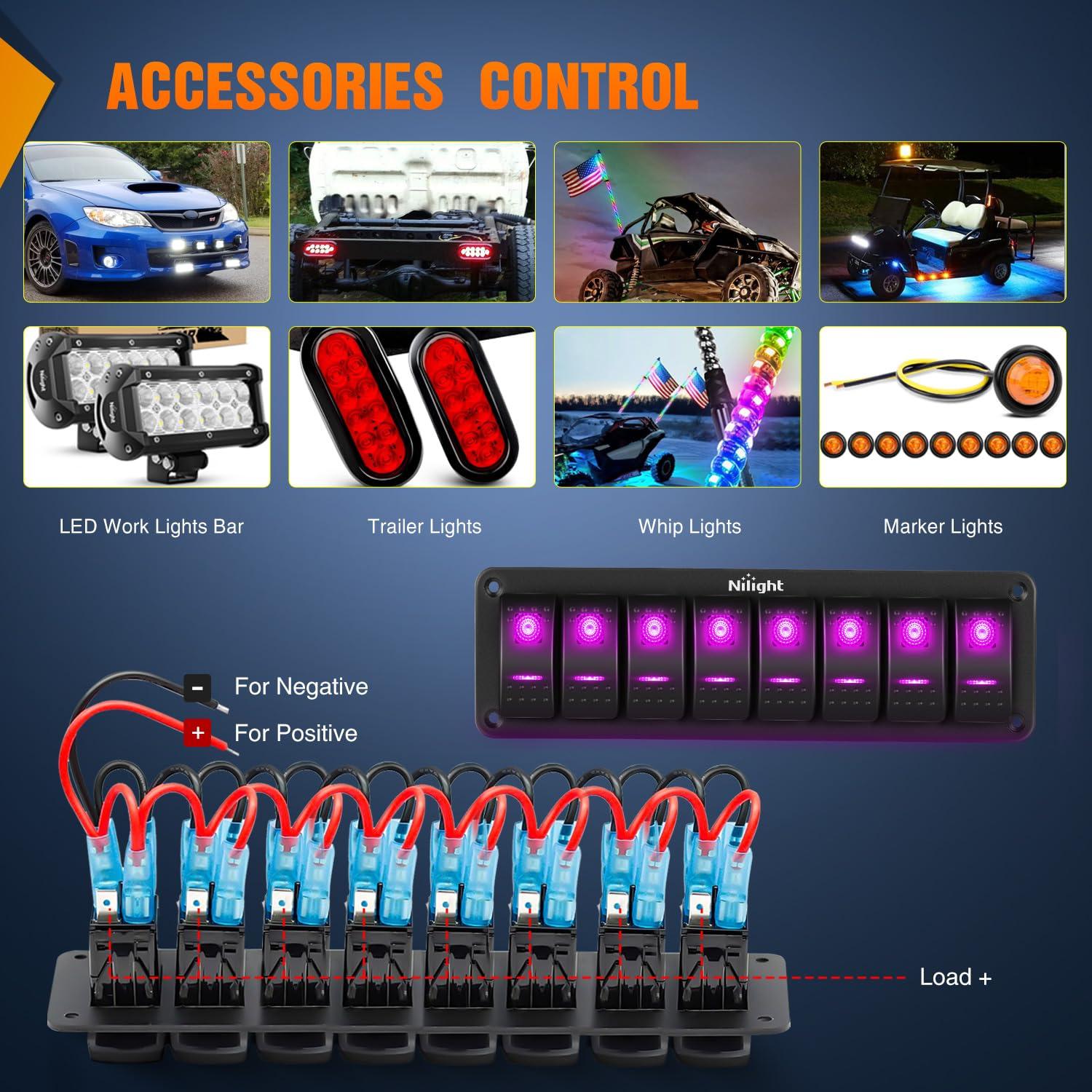 imageNilight 90109D 4 Gang Aluminum Rocker Switch Panel Toggle Dash 5 Pin ONOff PreWired Rocker Switch Blue Backlit Switch for Automotive Car Marine Boat RV2 Years WarrantyPurple