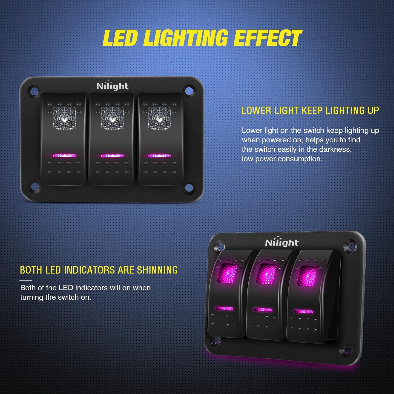 imageNilight 90109D 4 Gang Aluminum Rocker Switch Panel Toggle Dash 5 Pin ONOff PreWired Rocker Switch Blue Backlit Switch for Automotive Car Marine Boat RV2 Years WarrantyPurple