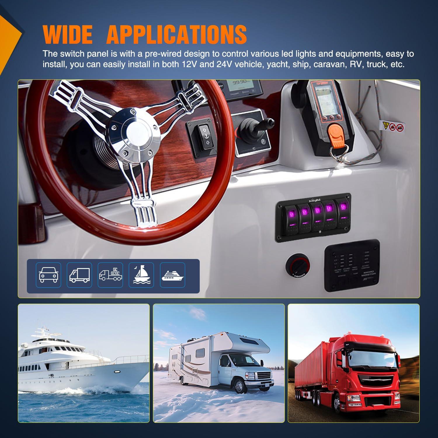 imageNilight 90109D 4 Gang Aluminum Rocker Switch Panel Toggle Dash 5 Pin ONOff PreWired Rocker Switch Blue Backlit Switch for Automotive Car Marine Boat RV2 Years WarrantyPurple