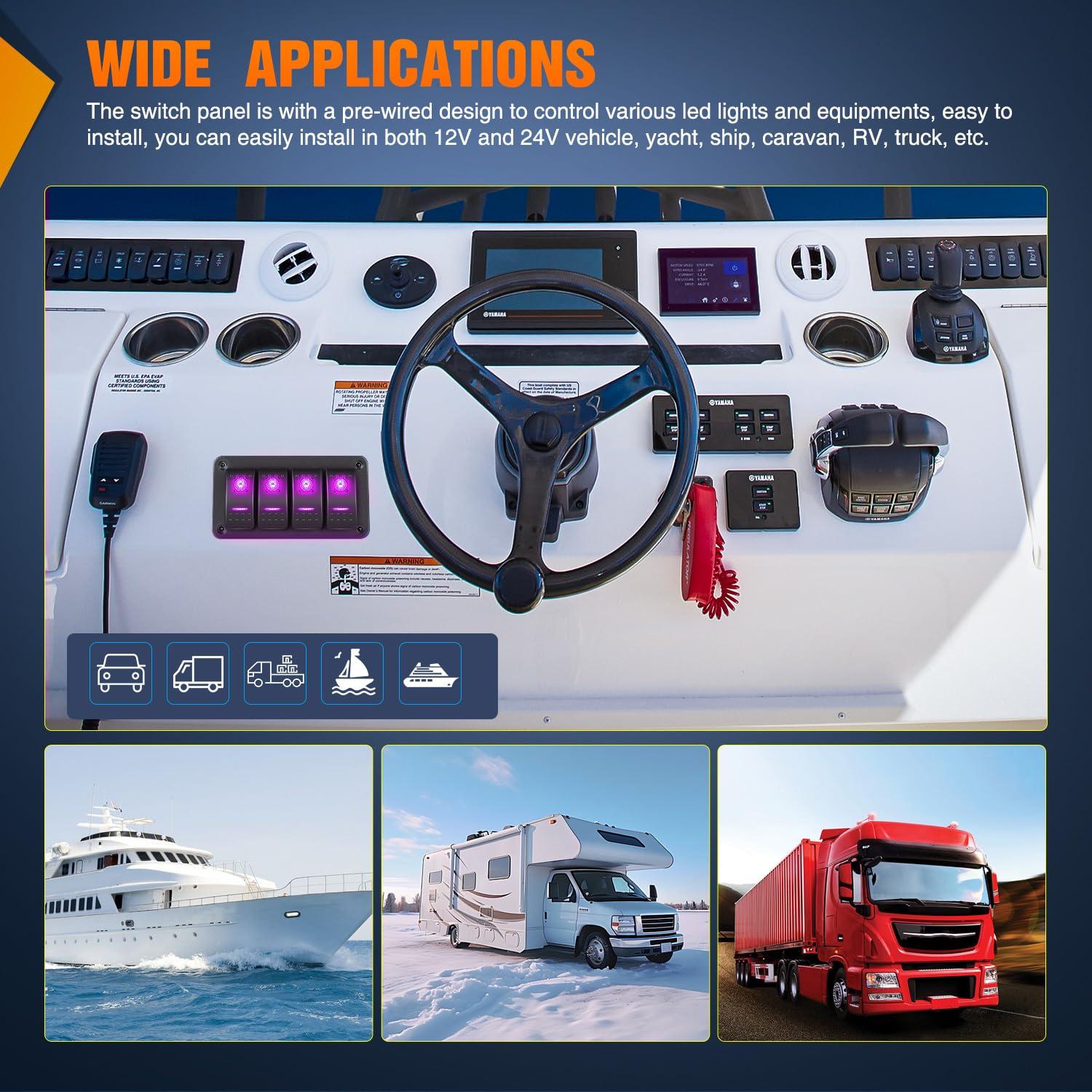 imageNilight 90109D 4 Gang Aluminum Rocker Switch Panel Toggle Dash 5 Pin ONOff PreWired Rocker Switch Blue Backlit Switch for Automotive Car Marine Boat RV2 Years WarrantyPurple