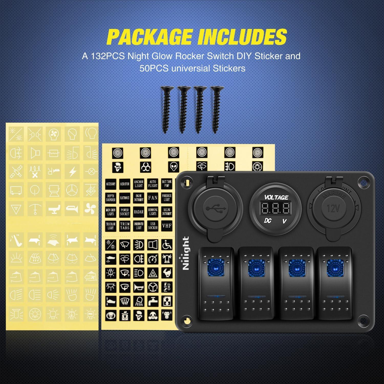 imageNilight 90117G 4 Gang Rocker Switch Panel Waterproof PreWired Aluminum Switch Panel with Dual USB Cigarette Lighter Socket Voltmeter12V24V DC ON Off Switch Panel for Cars Rvs Trucks BlueType C USB Blue