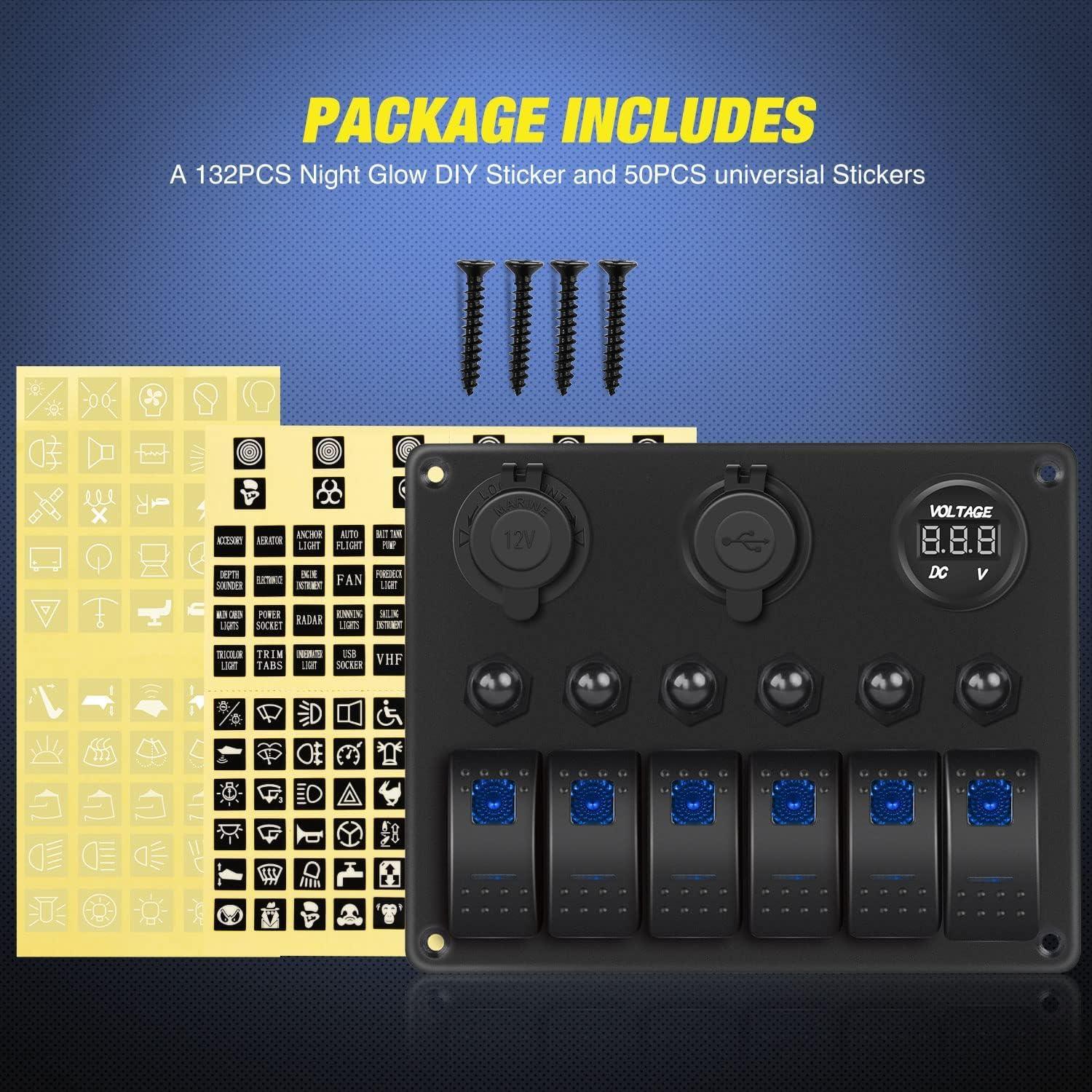 imageNilight 90123F 6 Gang ON Off Rocker Switch Panel Green Backlit 12V24V LED Digital Voltmeter Dual USB Charger Cigarette Lighter Socket Overload Protection Switch Panel For Cars RVs BoatsBlue