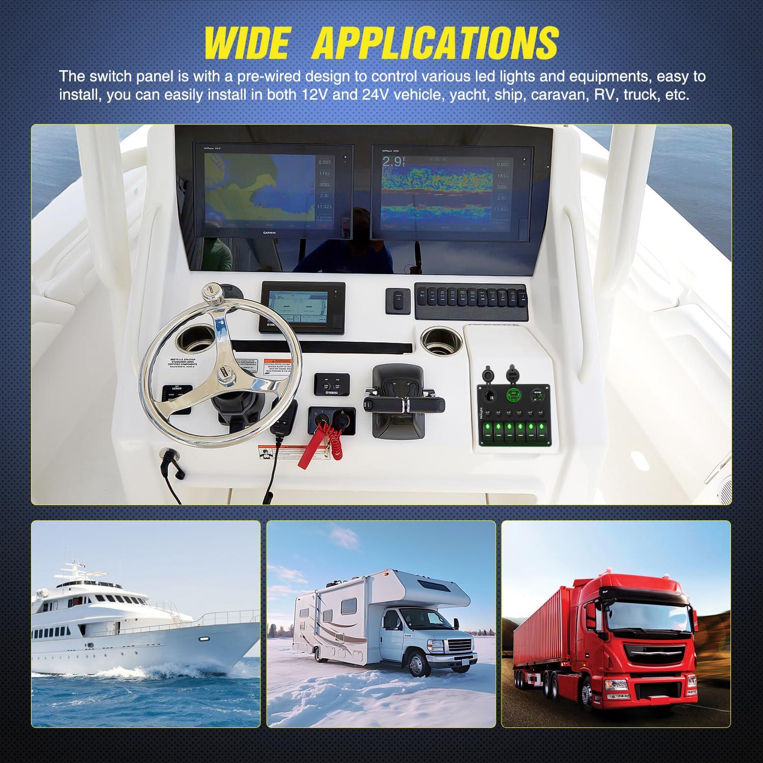 imageNilight 90123F 6 Gang ON Off Rocker Switch Panel Green Backlit 12V24V LED Digital Voltmeter Dual USB Charger Cigarette Lighter Socket Overload Protection Switch Panel For Cars RVs BoatsType C USB Green