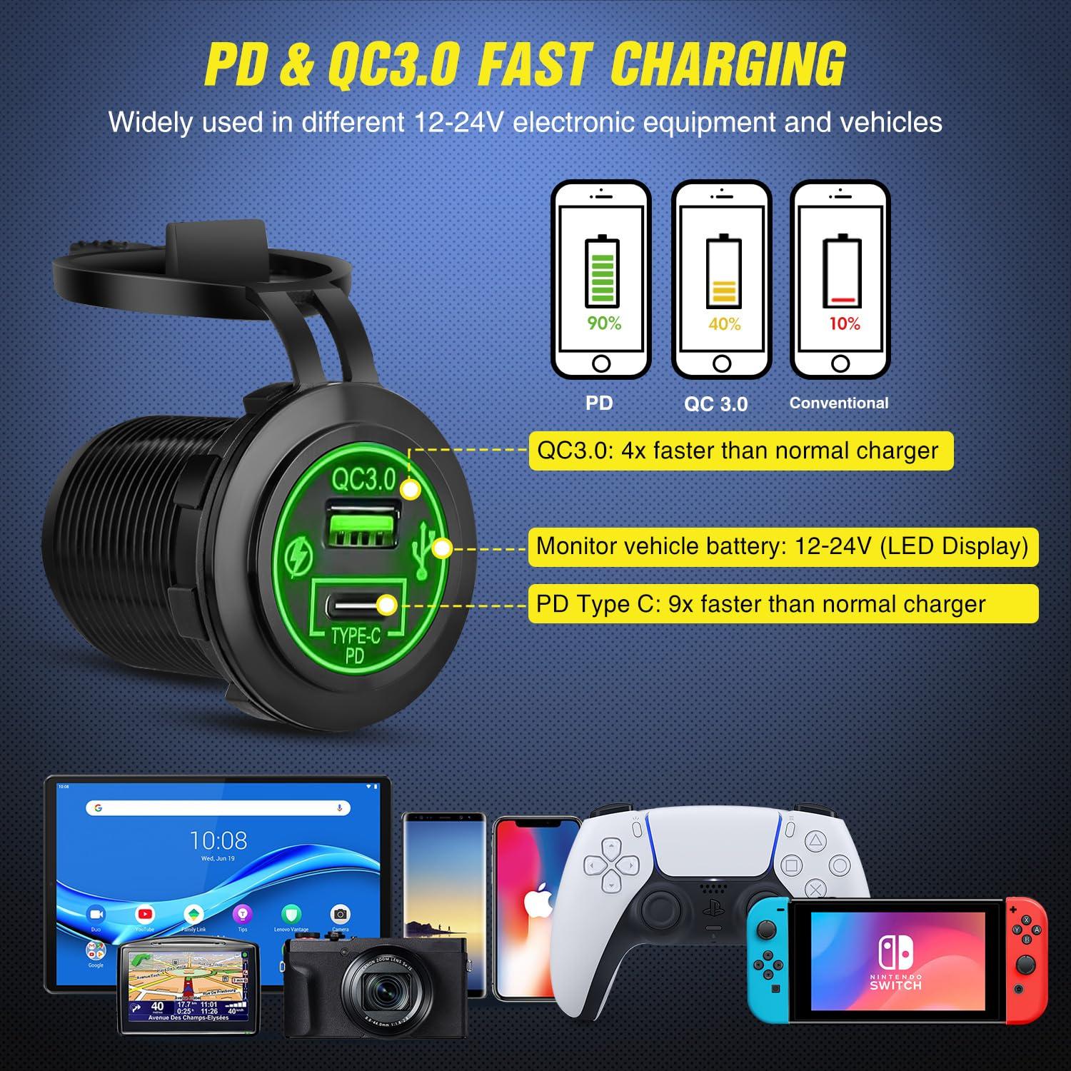 imageNilight 90123F 6 Gang ON Off Rocker Switch Panel Green Backlit 12V24V LED Digital Voltmeter Dual USB Charger Cigarette Lighter Socket Overload Protection Switch Panel For Cars RVs BoatsType C USB Green