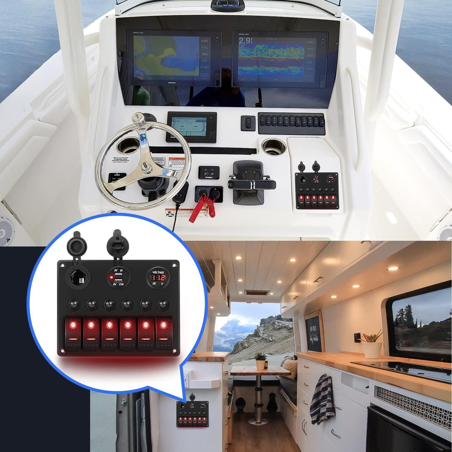 imageNilight 90123F 6 Gang ON Off Rocker Switch Panel Green Backlit 12V24V LED Digital Voltmeter Dual USB Charger Cigarette Lighter Socket Overload Protection Switch Panel For Cars RVs BoatsRed