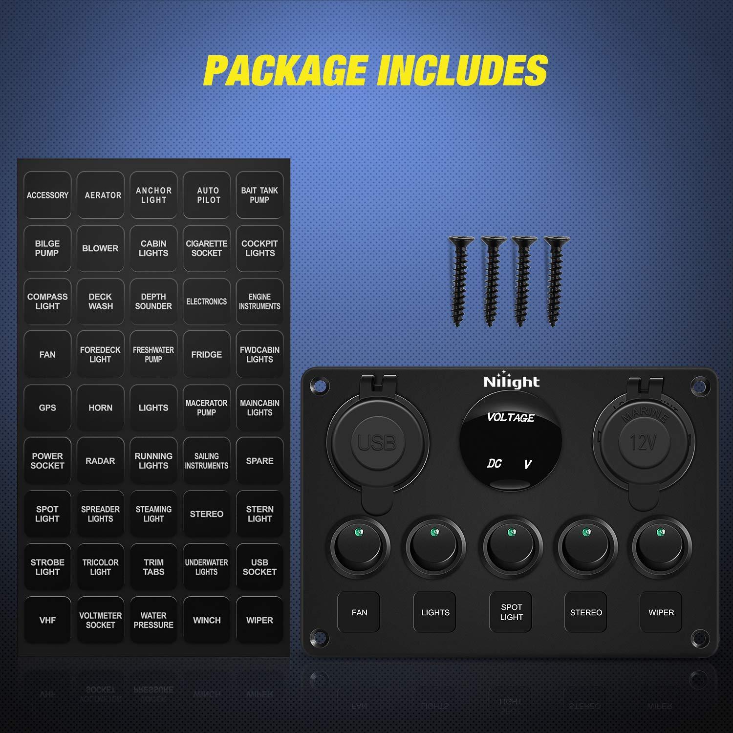 imageNilight 90125E 5 Gang Multi Function Rocker Switch Green Backlit Dual USB Charger Digital Voltmeter 12V Outlet PreWired Switch Panel with Inline Fuse for RVs Cars Boats Trucks TrailersGreen