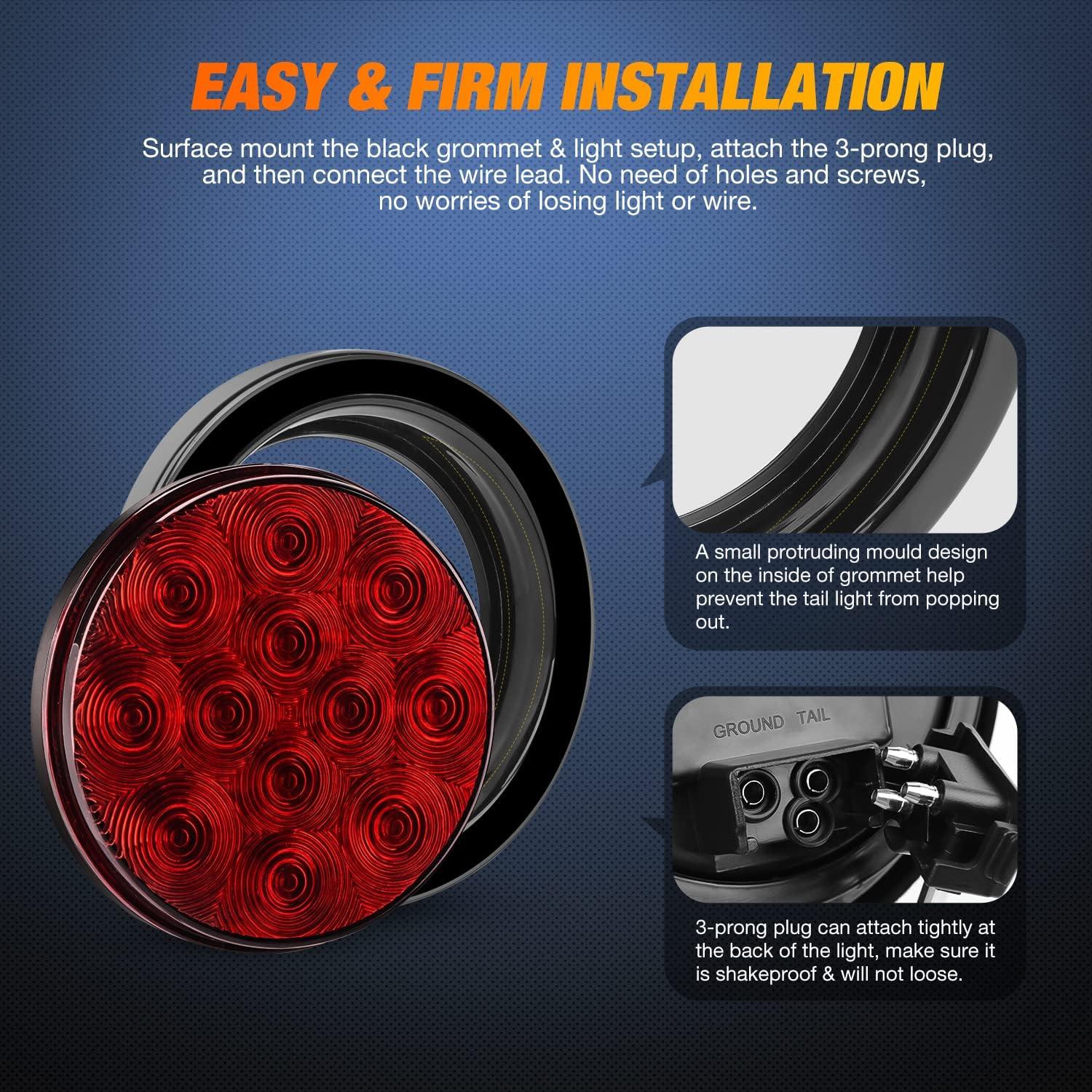 imageNilight TL18 2PCS 4quot Round Red LED Trailer Tail Lights wSurface Mount Grommet Plugs IP67 Stop Brake Turn Tail Lights for Truck Trailer RV JeepRed 4pcs