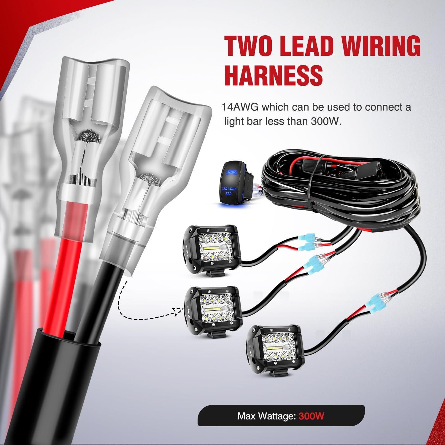 imageNilight 10014W LED Light Bar Wiring Harness Kit 14AWG Heavy Duty 12V 5Pin Rocker Laser On Off Waterproof Switch Power Relay Blade Fuse1 Lead 2 Years Warranty14AWG Wiring Harness 3 Leads