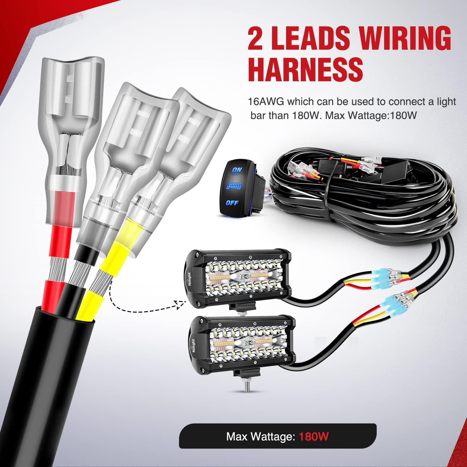imageNilight 16AWG Wiring Harness Kit 2 Leads Specially Customized for 6 Modes Amber White Strobe Light Bar Off Road LED Work Light 12V On Off Switch Remember and Reset Function 2 Years Warranty Black2 Leads5PIN SwitchWiring Harness