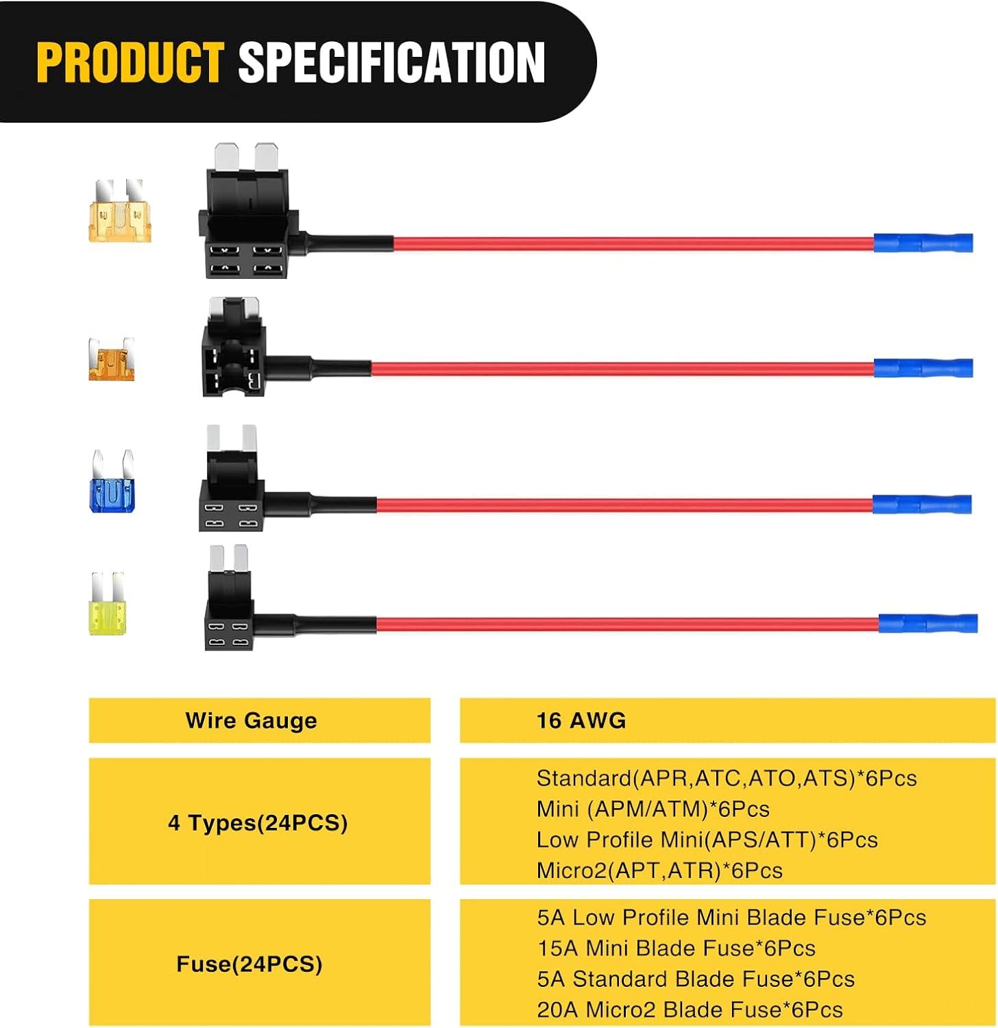 imageNilight 24 Pcs 12V Car AddaCircuit Fuse Tap Holder Standard Mini Micro2 and Low Profile Fuses Taps 4 Types ATO ATC ATM APM for Cars Trucks Boats4 Types24 Packs