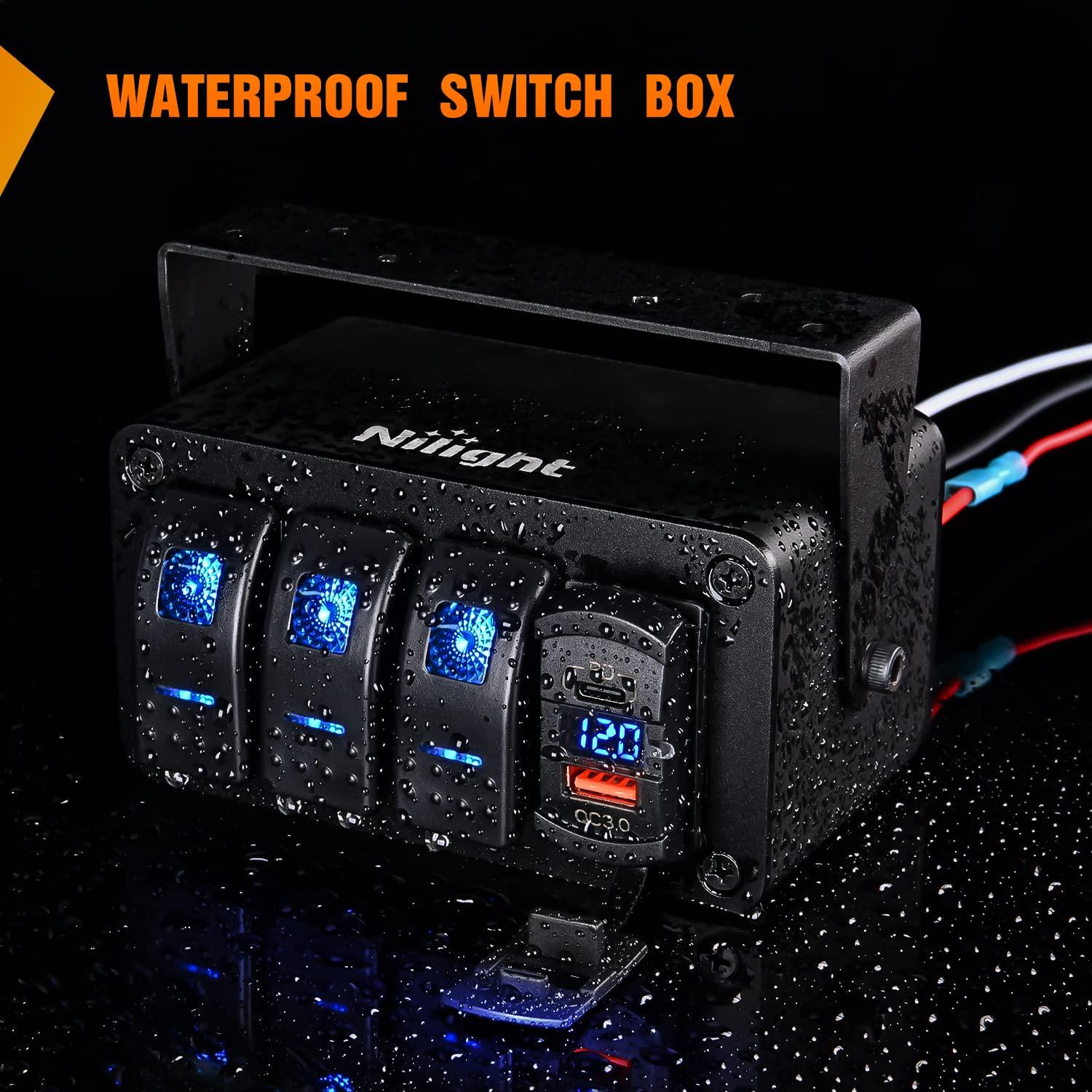imageNilight 3 Gang Rocker Switch Panel Blue Backlit with PD Type C and USB Charger Voltmeter Waterproof 12V 24V DC Rocker Switch with Night Glow Stickers for Car Trucks Boats RVs2 Years WarrantyBlueBoxBlueBox