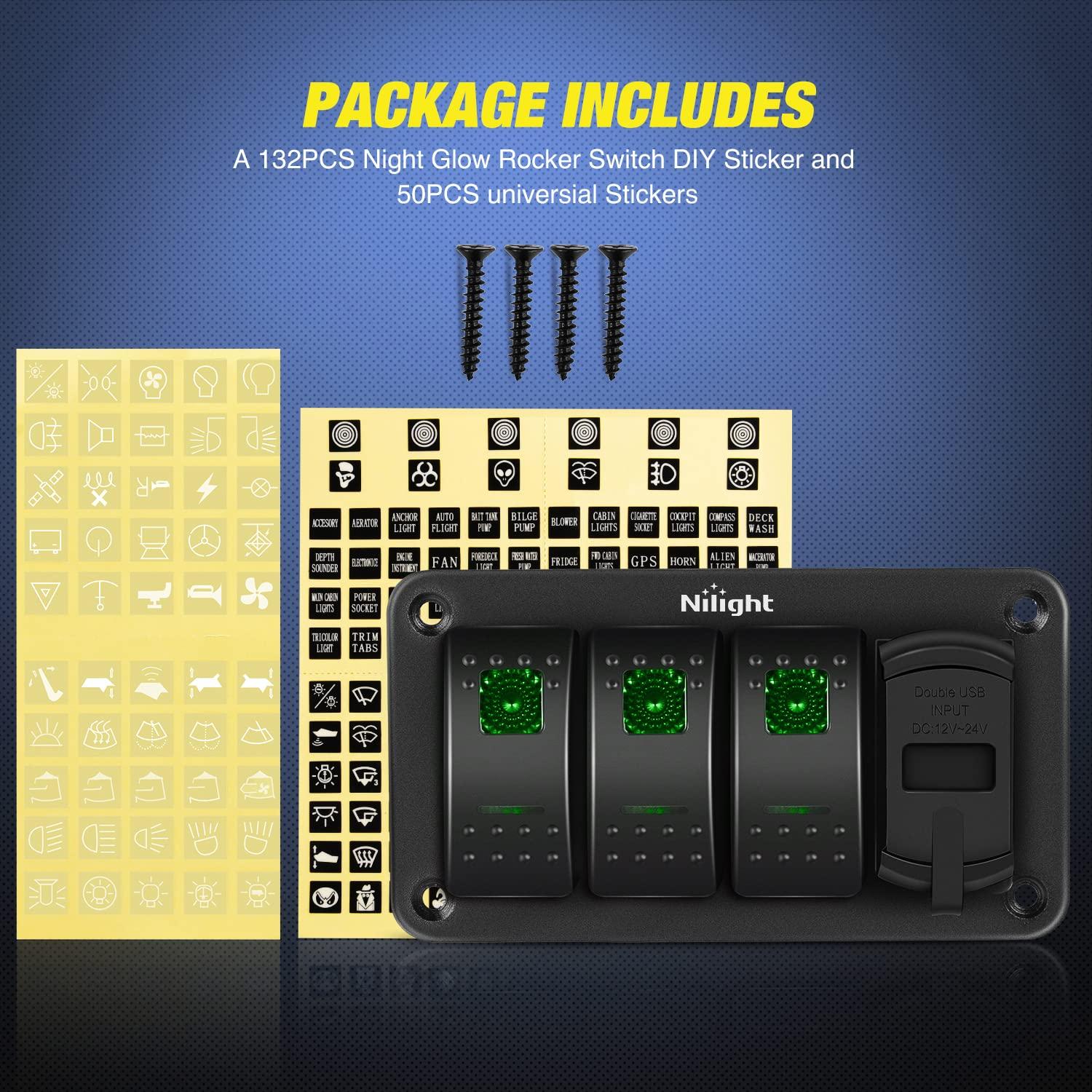 imageNilight 3 Gang Rocker Switch Panel Blue Backlit with PD Type C and USB Charger Voltmeter Waterproof 12V 24V DC Rocker Switch with Night Glow Stickers for Car Trucks Boats RVs2 Years WarrantyBlueBoxGreen