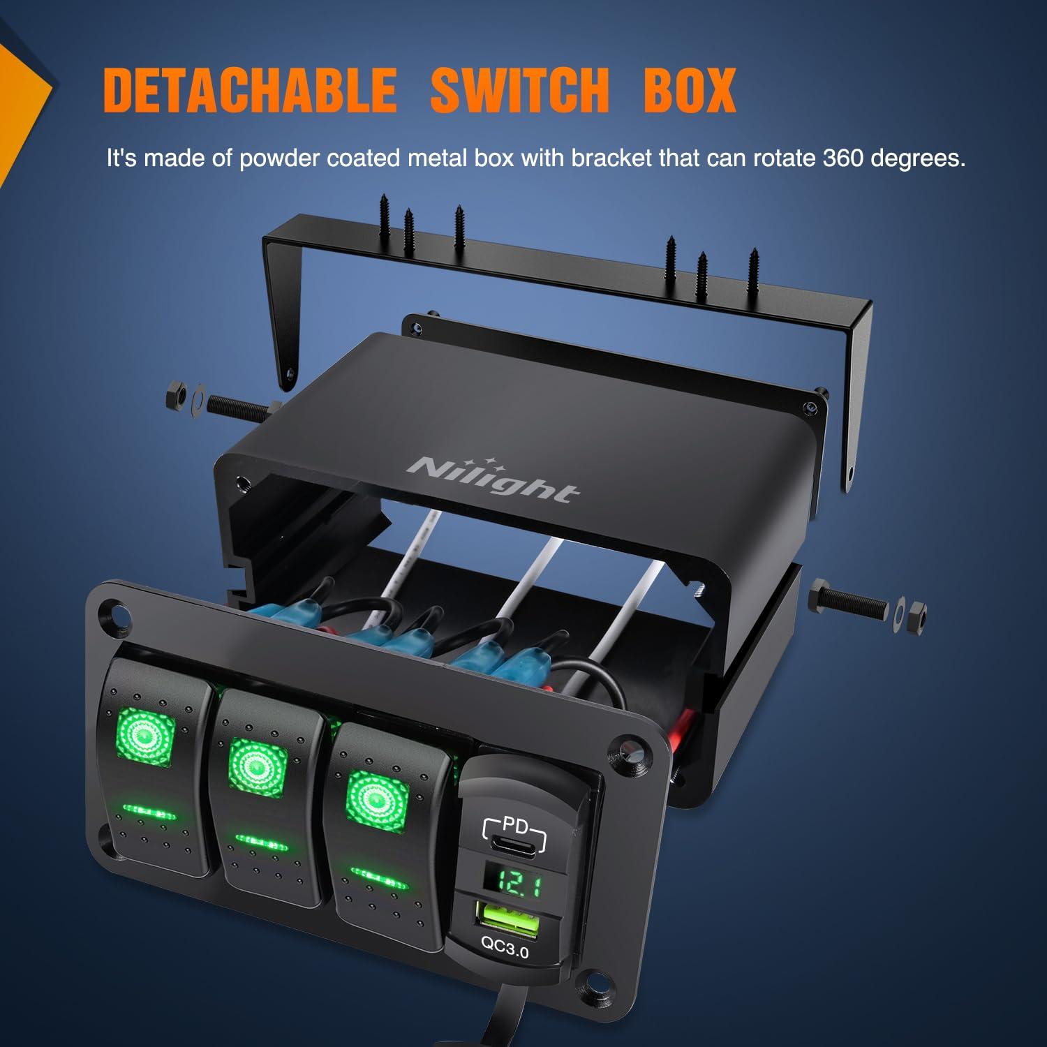 imageNilight 3 Gang Rocker Switch Panel Blue Backlit with PD Type C and USB Charger Voltmeter Waterproof 12V 24V DC Rocker Switch with Night Glow Stickers for Car Trucks Boats RVs2 Years WarrantyBlueBoxGreenBox