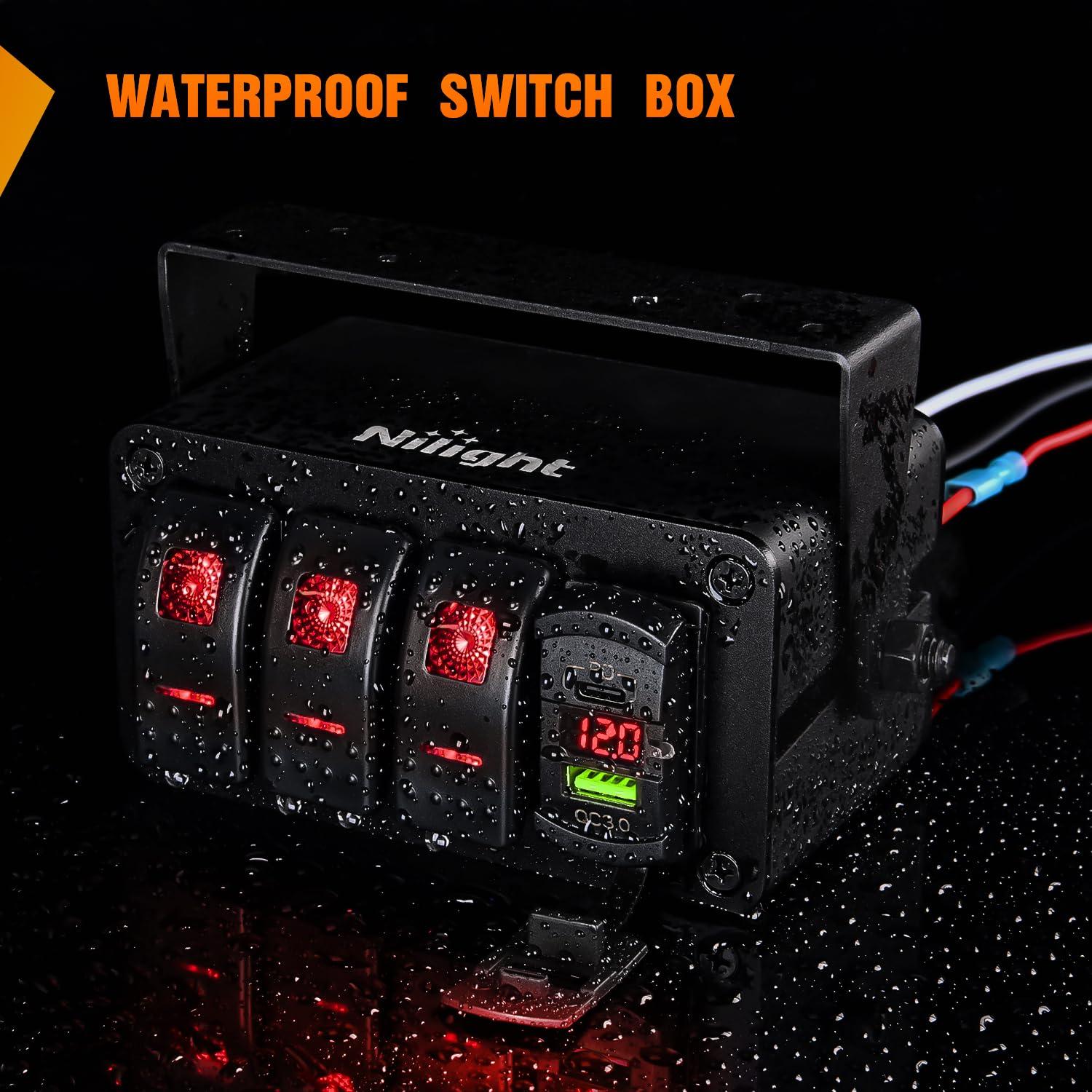 imageNilight 3 Gang Rocker Switch Panel Blue Backlit with PD Type C and USB Charger Voltmeter Waterproof 12V 24V DC Rocker Switch with Night Glow Stickers for Car Trucks Boats RVs2 Years WarrantyBlueBoxRedBox