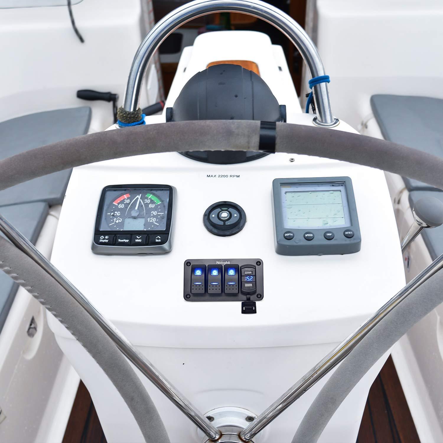 imageNilight 3 Gang Rocker Switch Panel Blue Backlit with PD Type C and USB Charger Voltmeter Waterproof 12V 24V DC Rocker Switch with Night Glow Stickers for Car Trucks Boats RVs2 Years WarrantyBlueBoxBlue