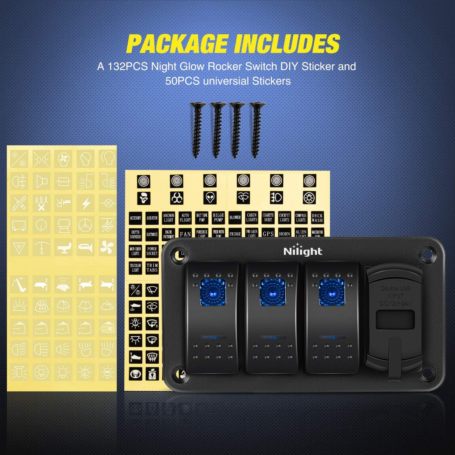 imageNilight 3 Gang Rocker Switch Panel Blue Backlit with PD Type C and USB Charger Voltmeter Waterproof 12V 24V DC Rocker Switch with Night Glow Stickers for Car Trucks Boats RVs2 Years WarrantyBlueBoxBlue