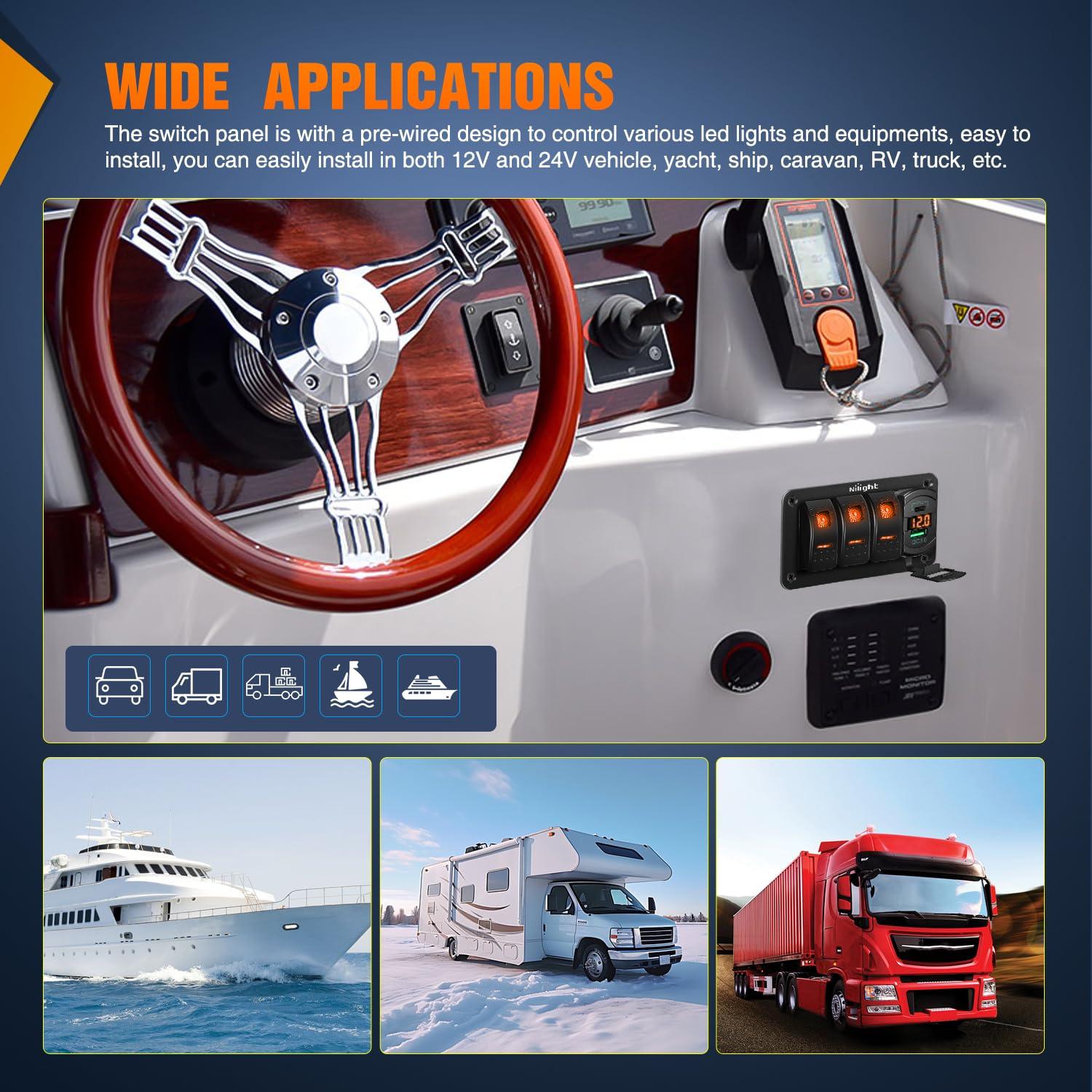 imageNilight 3 Gang Rocker Switch Panel Blue Backlit with PD Type C and USB Charger Voltmeter Waterproof 12V 24V DC Rocker Switch with Night Glow Stickers for Car Trucks Boats RVs2 Years WarrantyBlueBoxType C USB Amber