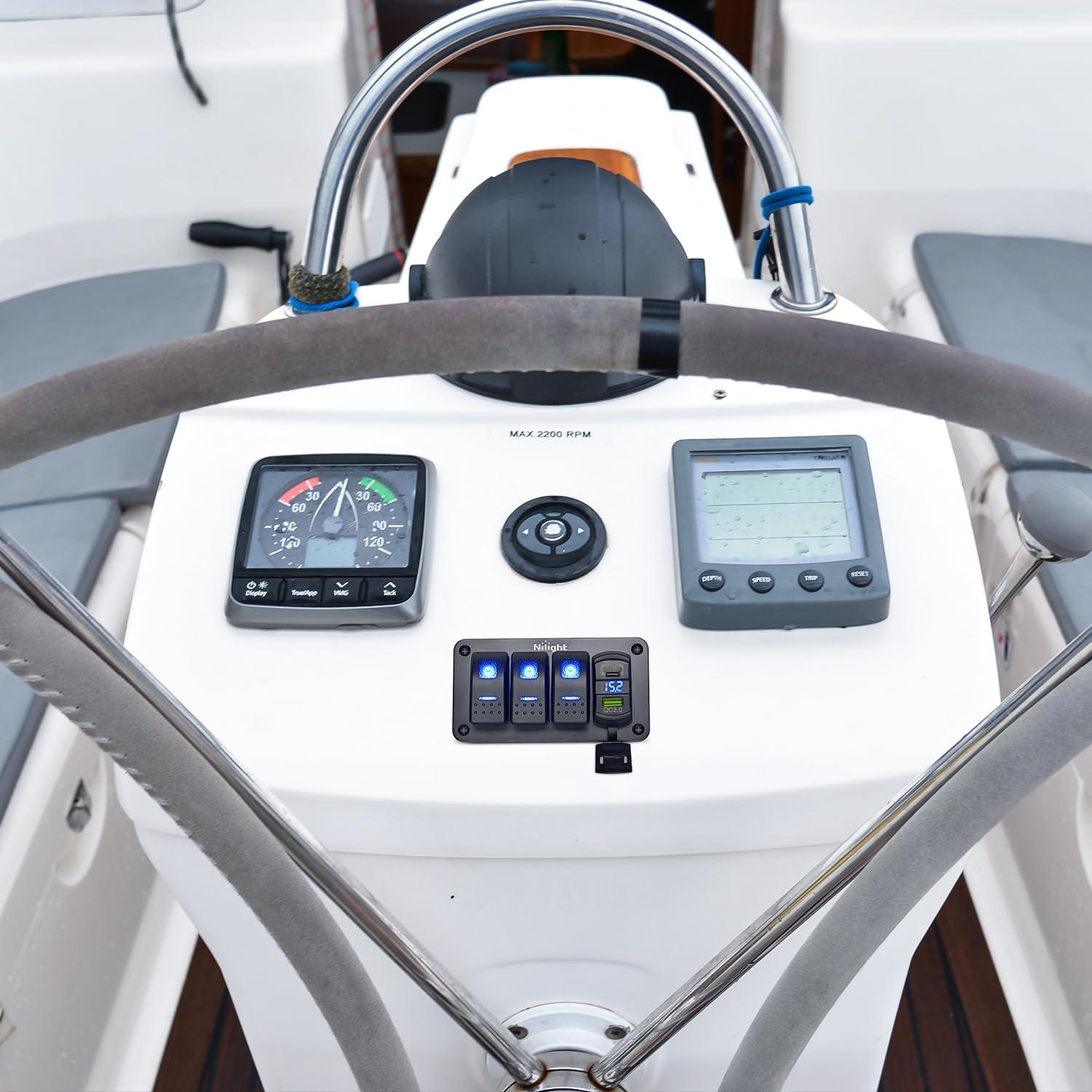 imageNilight 3 Gang Rocker Switch Panel Blue Backlit with PD Type C and USB Charger Voltmeter Waterproof 12V 24V DC Rocker Switch with Night Glow Stickers for Car Trucks Boats RVs2 Years WarrantyBlueBoxType C USB Blue