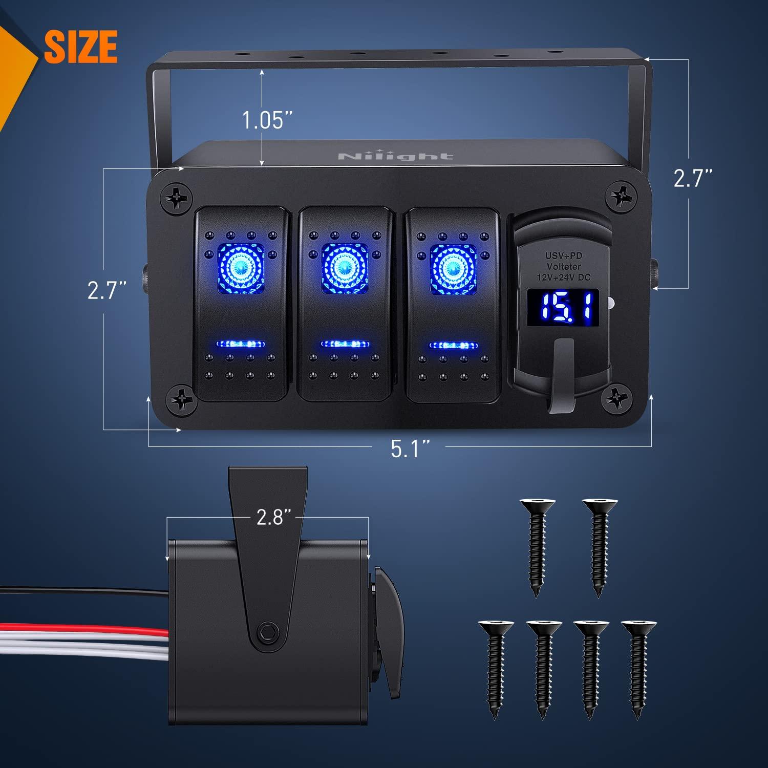 imageNilight 3 Gang Rocker Switch Panel Blue Backlit with PD Type C and USB Charger Voltmeter Waterproof 12V 24V DC Rocker Switch with Night Glow Stickers for Car Trucks Boats RVs2 Years WarrantyBlueBoxBlueBox