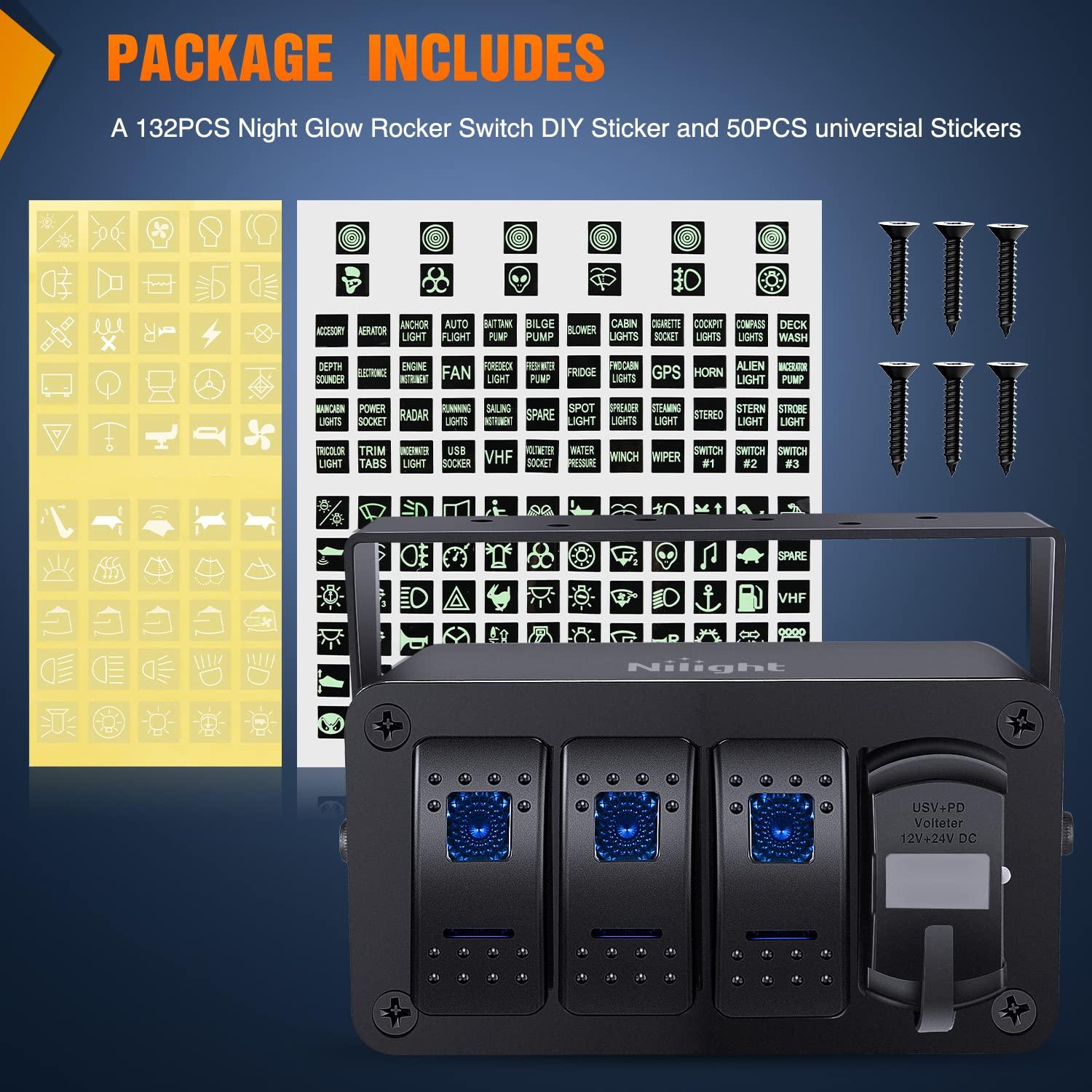 imageNilight 3 Gang Rocker Switch Panel Blue Backlit with PD Type C and USB Charger Voltmeter Waterproof 12V 24V DC Rocker Switch with Night Glow Stickers for Car Trucks Boats RVs2 Years WarrantyBlueBoxBlueBox