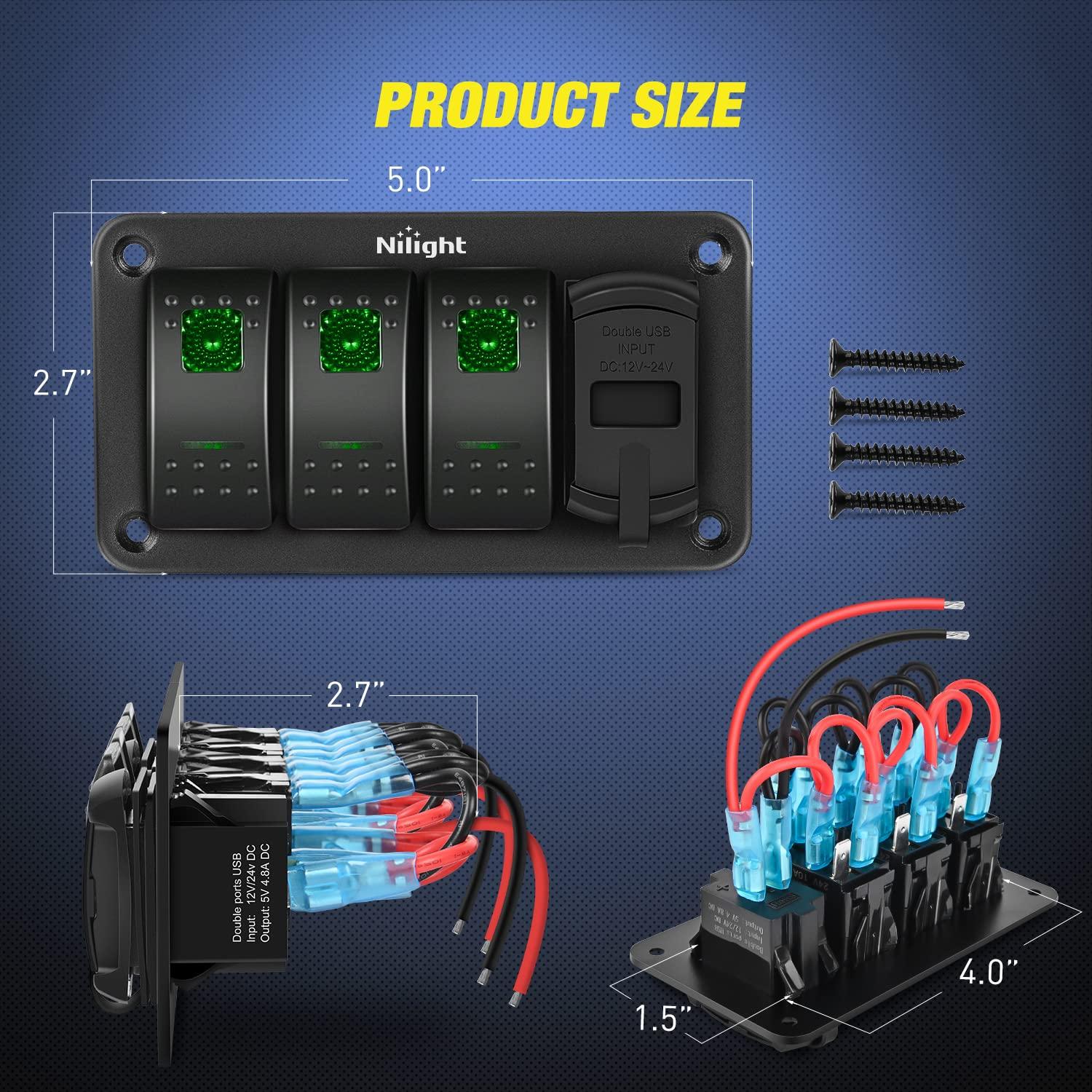 imageNilight 3 Gang Rocker Switch Panel Blue Backlit with PD Type C and USB Charger Voltmeter Waterproof 12V 24V DC Rocker Switch with Night Glow Stickers for Car Trucks Boats RVs2 Years WarrantyBlueBoxGreen