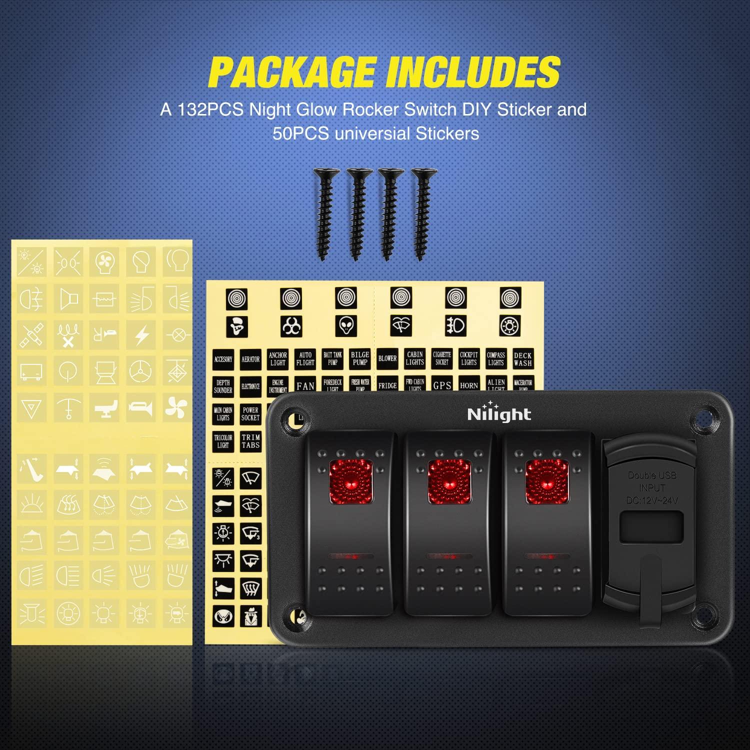 imageNilight 3 Gang Rocker Switch Panel Blue Backlit with PD Type C and USB Charger Voltmeter Waterproof 12V 24V DC Rocker Switch with Night Glow Stickers for Car Trucks Boats RVs2 Years WarrantyBlueBoxRed