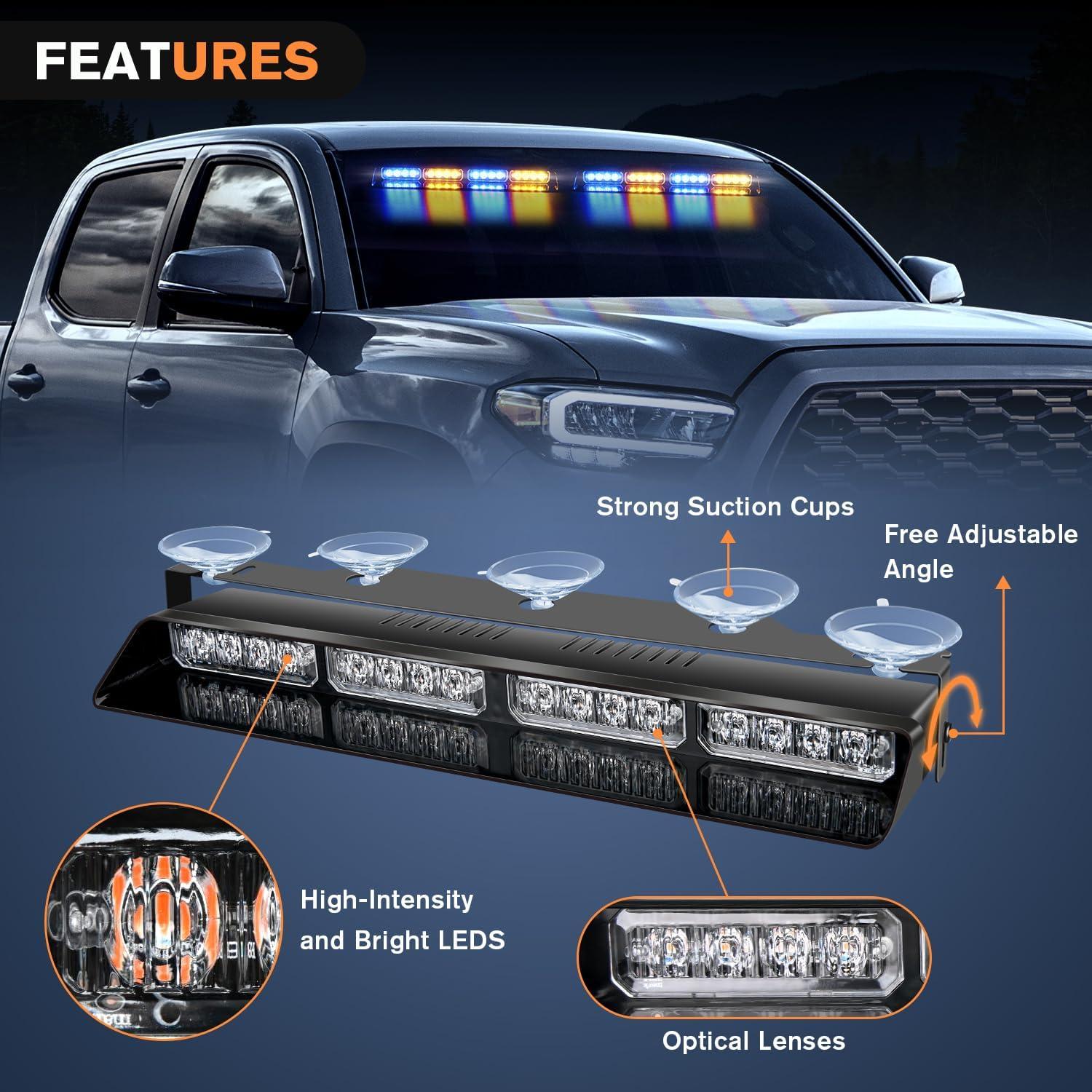 imageNilight 32LED White Emergency Dash Strobe Lights with Controller Suction Cups Warning Hazard Interior FrontRear Windshield Deck Split Light Bar for Trucks Construction VehiclesAmber and Blue