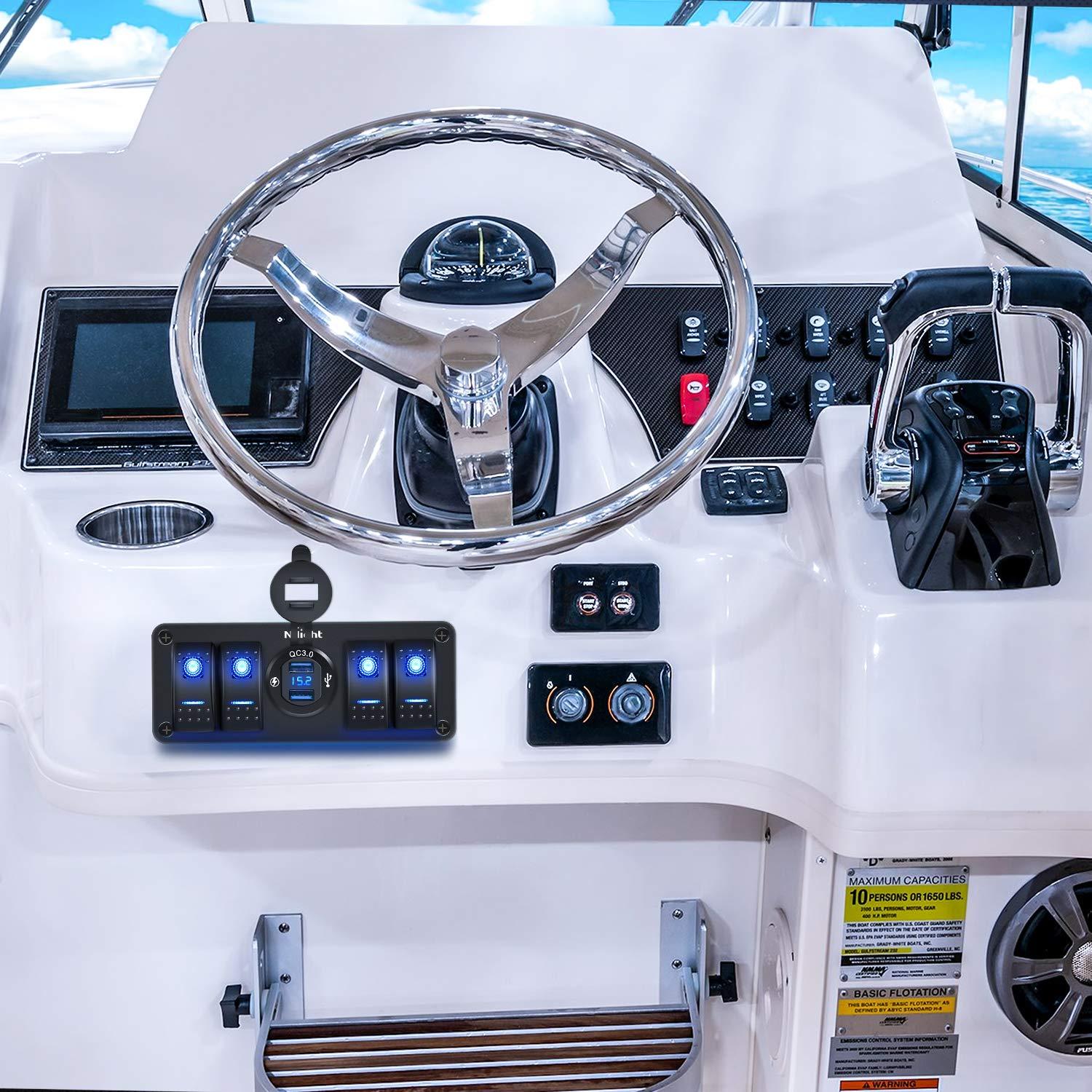 imageNilight 4 Gang Rocker Switch Panel with QC30 Dual USB Charger Voltmeter Waterproof and Night Glow Stickers 12V24V DC for Cars Trucks Boats RVDual USB Blue