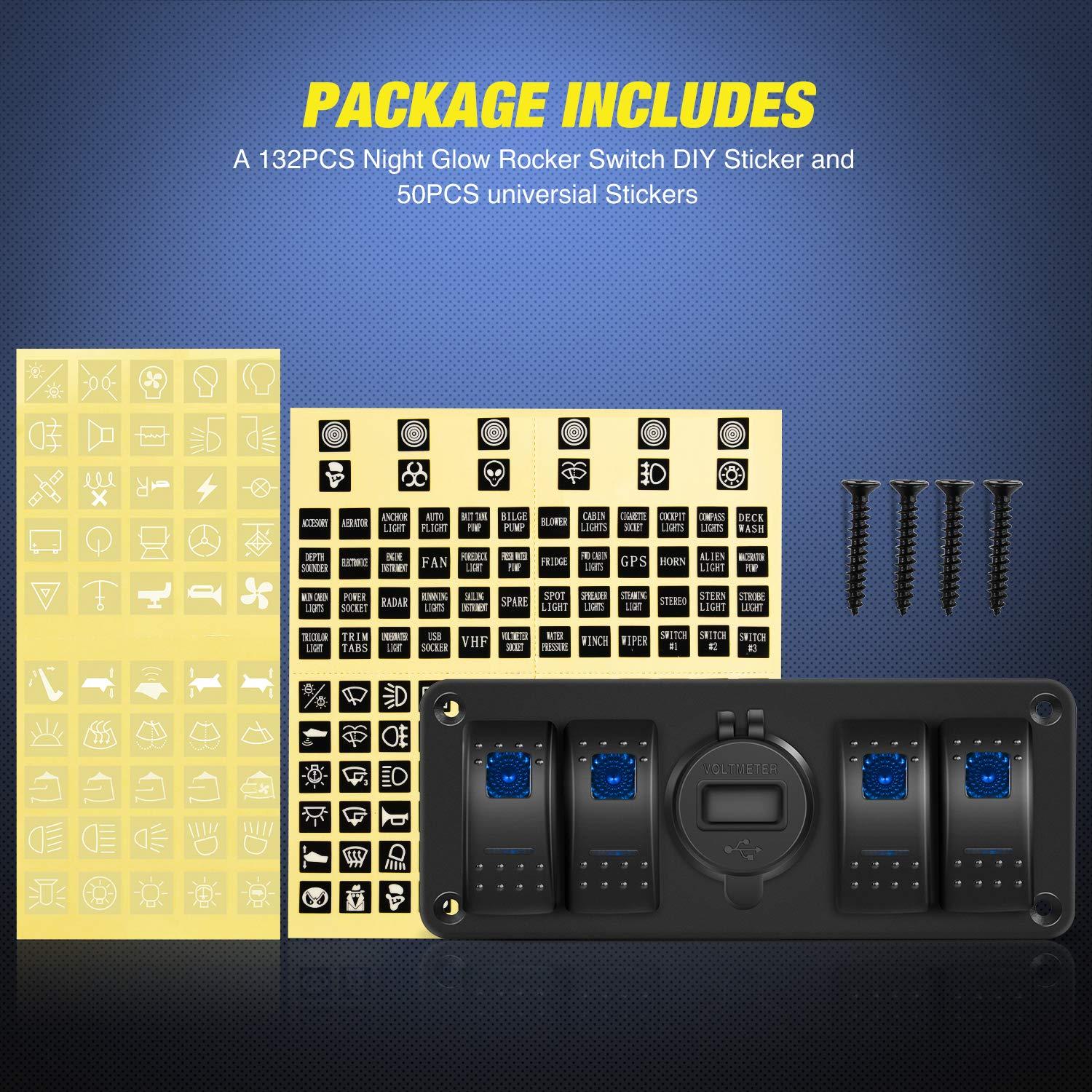 imageNilight 4 Gang Rocker Switch Panel with QC30 Dual USB Charger Voltmeter Waterproof and Night Glow Stickers 12V24V DC for Cars Trucks Boats RVDual USB Blue