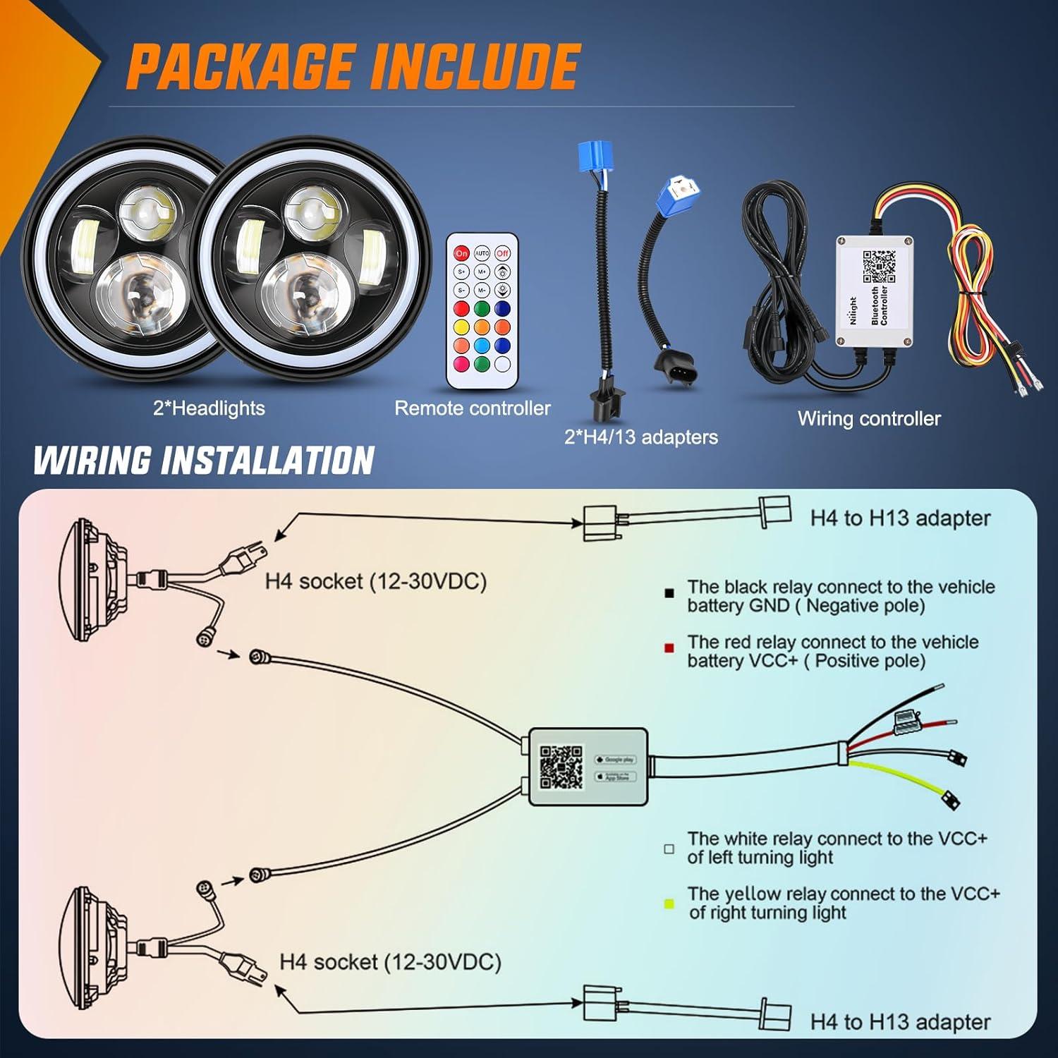 imageNilight 4 Inch LED Fog Light Assembly Compatible with 2007 2008 2009 2010 2011 2012 2013 2014 2015 2016 2017 2018 Jeep Wrangler JK Unlimited JKU wConversion Cable Clear LampsJK Headlight RGB 2Pcs