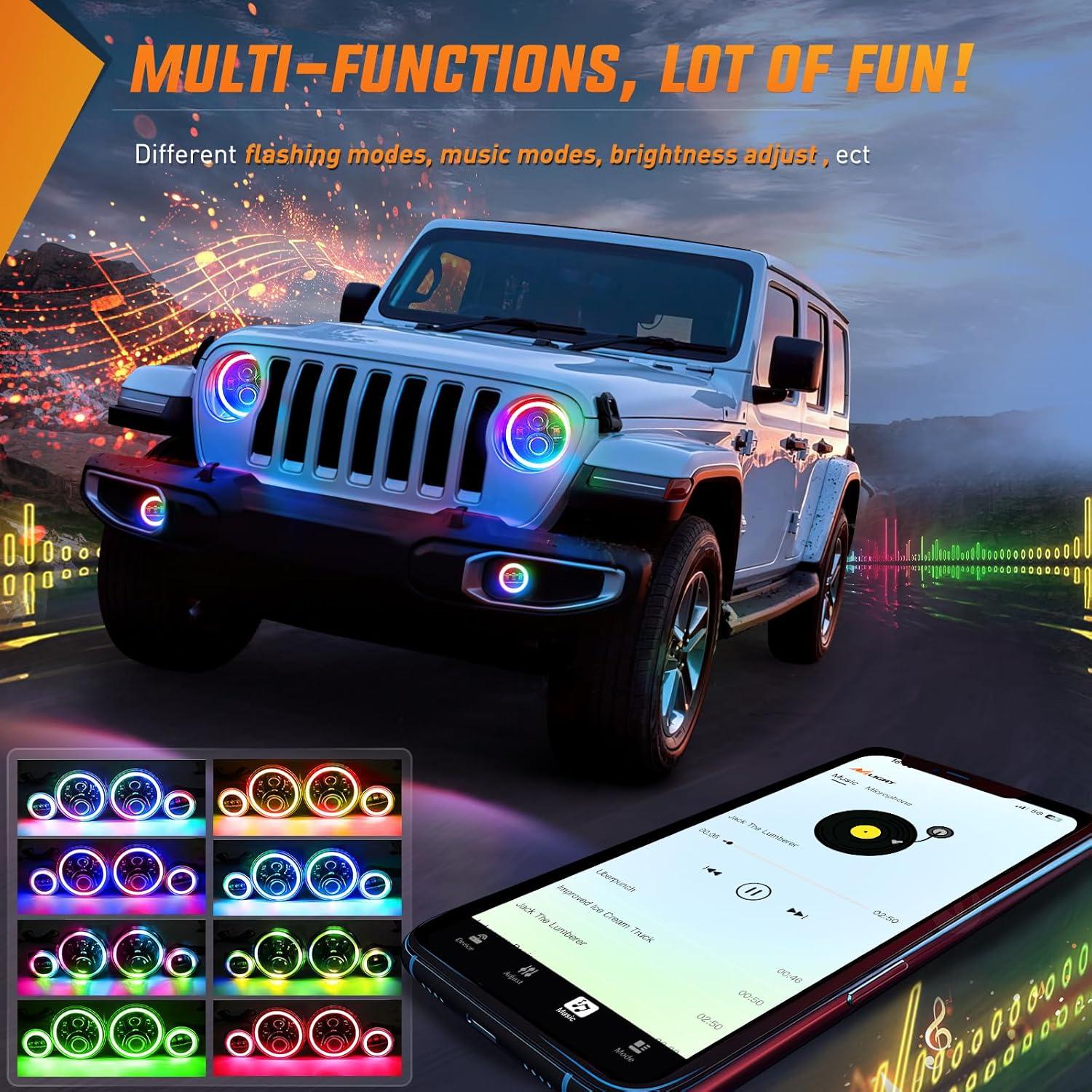 imageNilight 4 Inch LED Fog Light Assembly Compatible with 2007 2008 2009 2010 2011 2012 2013 2014 2015 2016 2017 2018 Jeep Wrangler JK Unlimited JKU wConversion Cable Clear LampsJK Healight Fog Light 4Pcs RGB