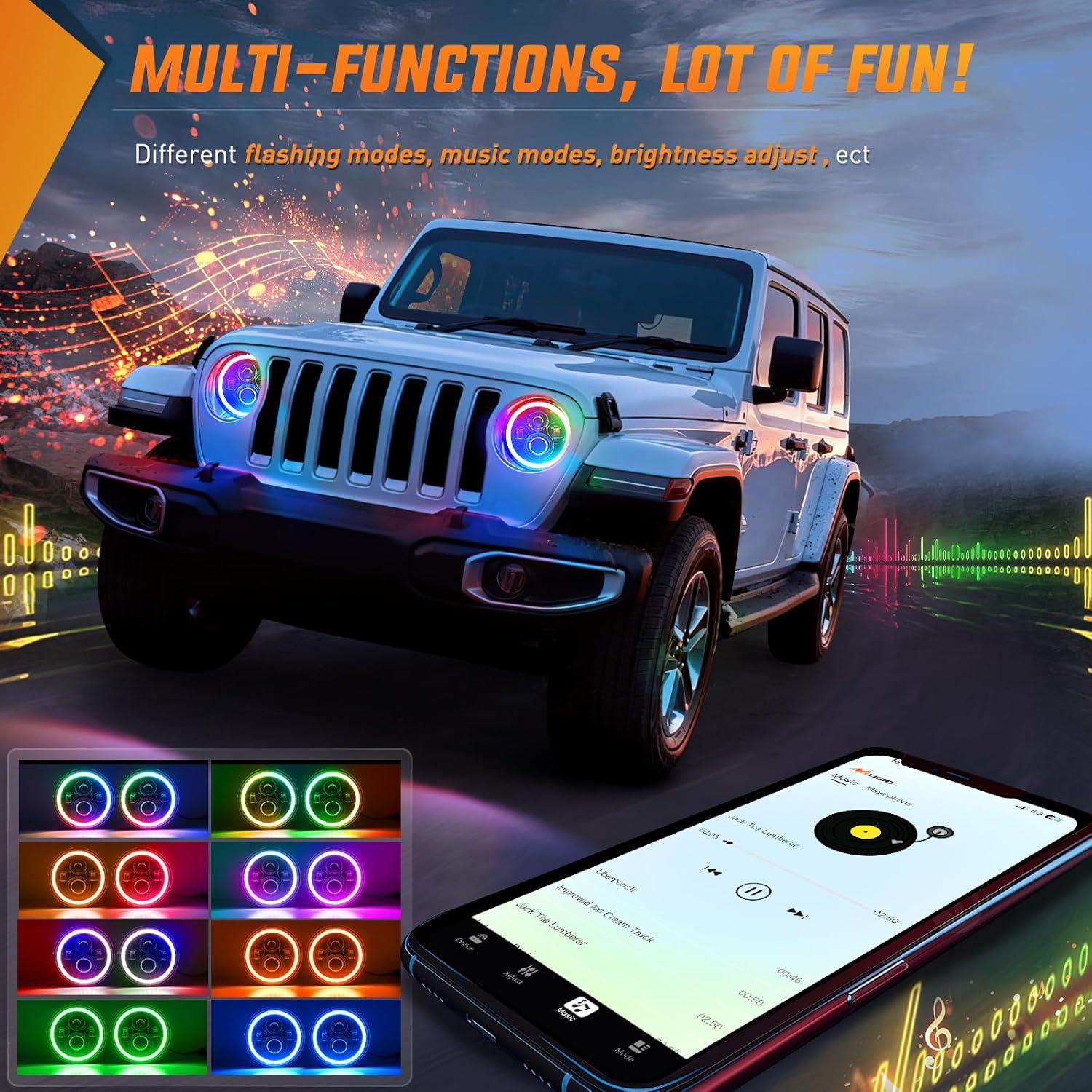 imageNilight 4 Inch LED Fog Light Assembly Compatible with 2007 2008 2009 2010 2011 2012 2013 2014 2015 2016 2017 2018 Jeep Wrangler JK Unlimited JKU wConversion Cable Clear LampsJK Headlight RGB 2Pcs