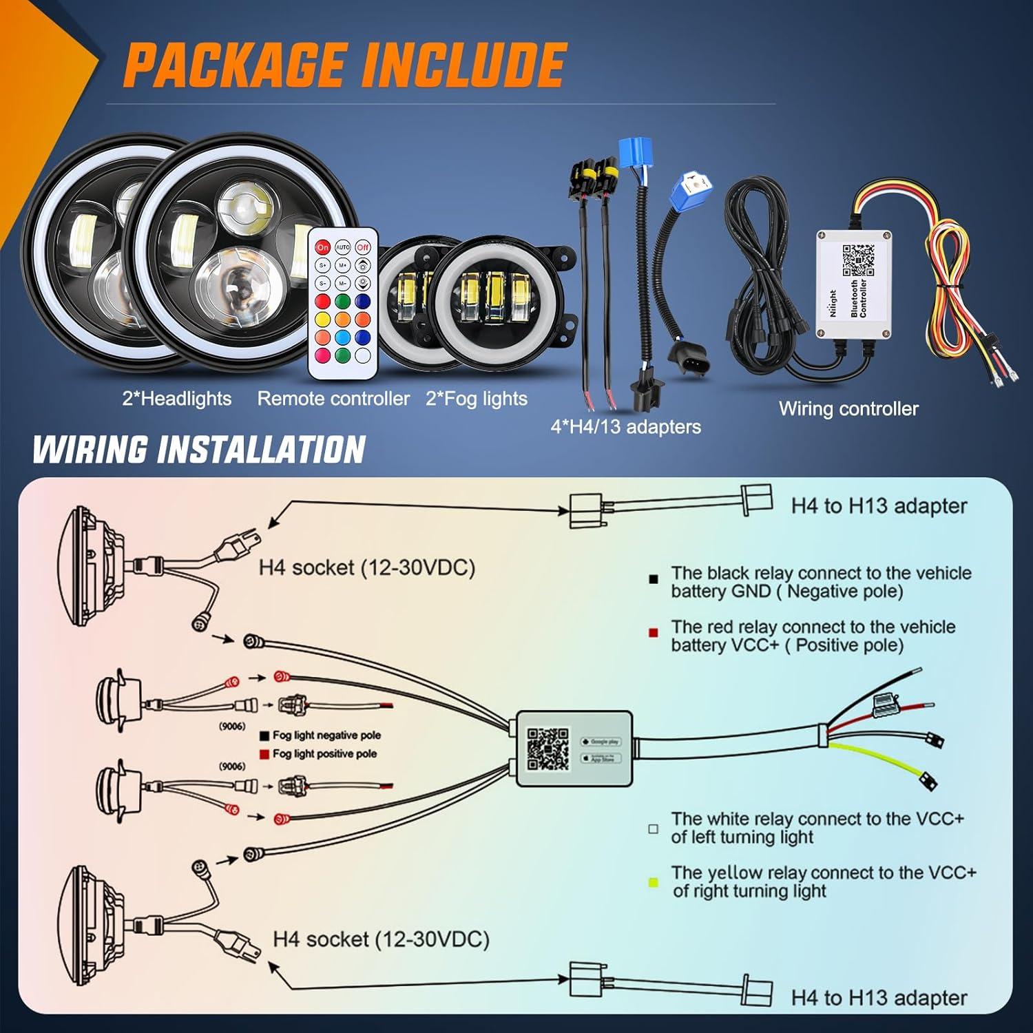 imageNilight 4 Inch LED Fog Light Assembly Compatible with 2007 2008 2009 2010 2011 2012 2013 2014 2015 2016 2017 2018 Jeep Wrangler JK Unlimited JKU wConversion Cable Clear LampsJK Healight Fog Light 4Pcs RGB