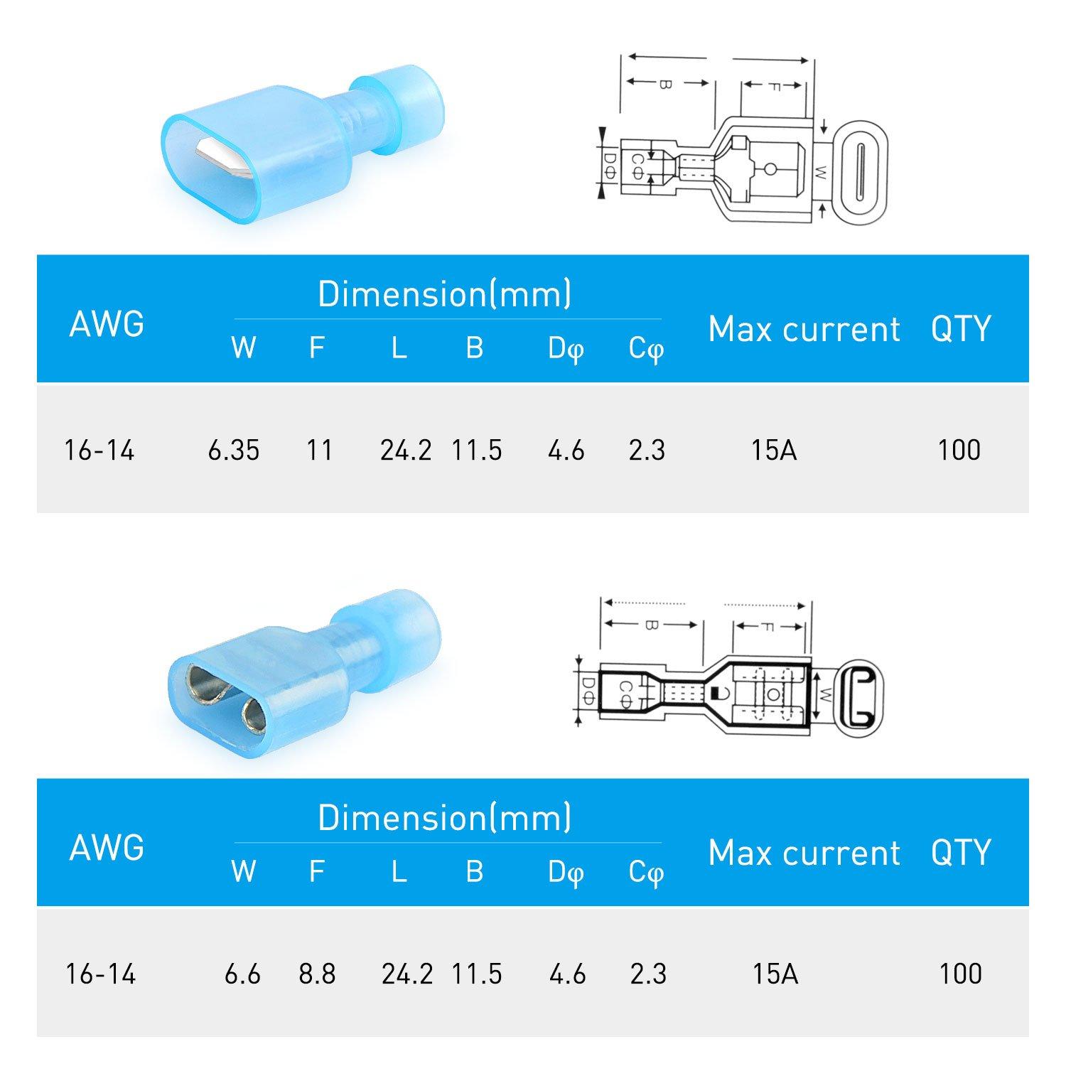 imageNilight 400 Pcs Spade Terminals Nylon Quick Disconnect Male and Female Connectors Electrical Insulated Wire Crimp Assortment Kit200PCS Spade Terminal