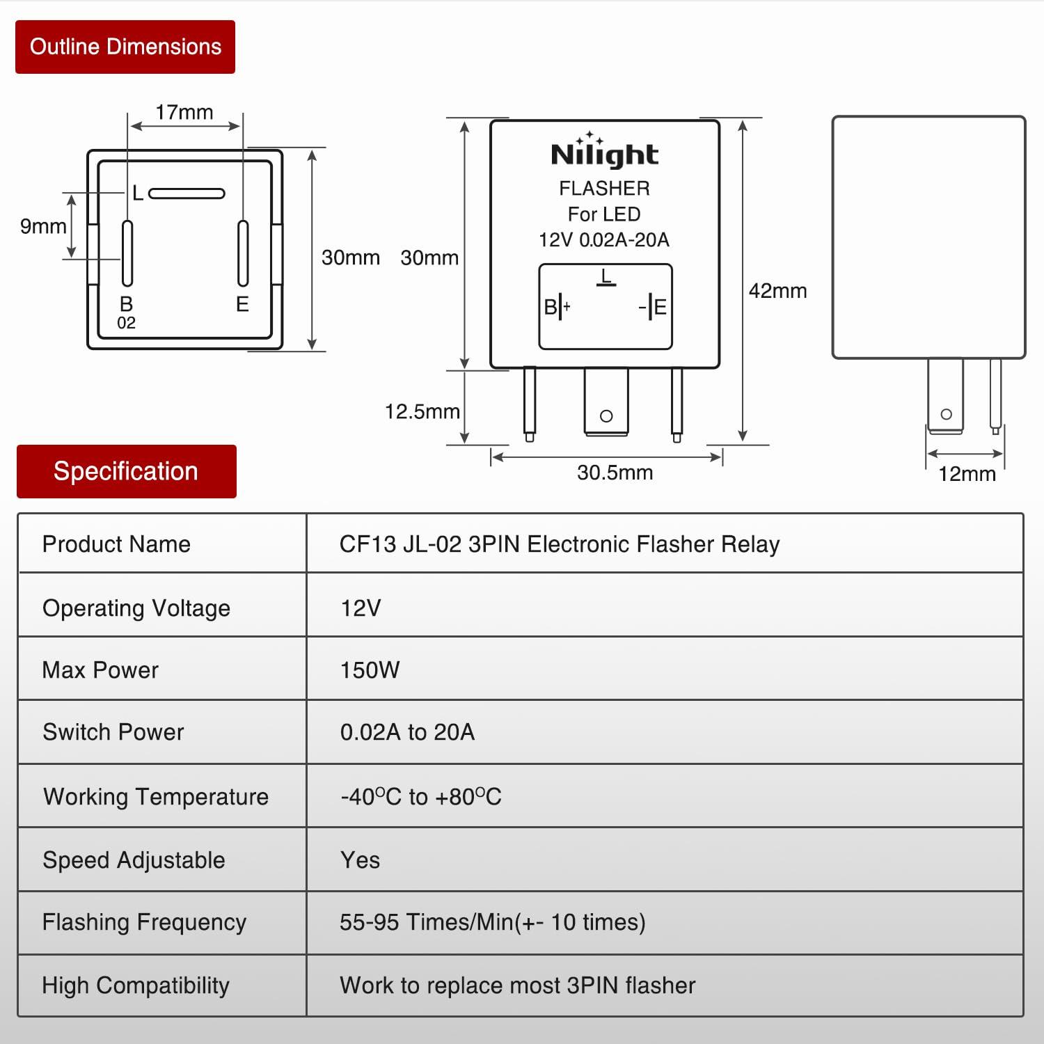 imageNilight 4PCS Flasher Relay Adjustable 2 Pin Electronic Blinker Relay 12V Fixes Motorcycle Turn Signal and Hazard Warn Hyper Blink Flash or No Flash for LED and Halogen Bulbs 2 Years Warranty4 Pin Blinker Relay
