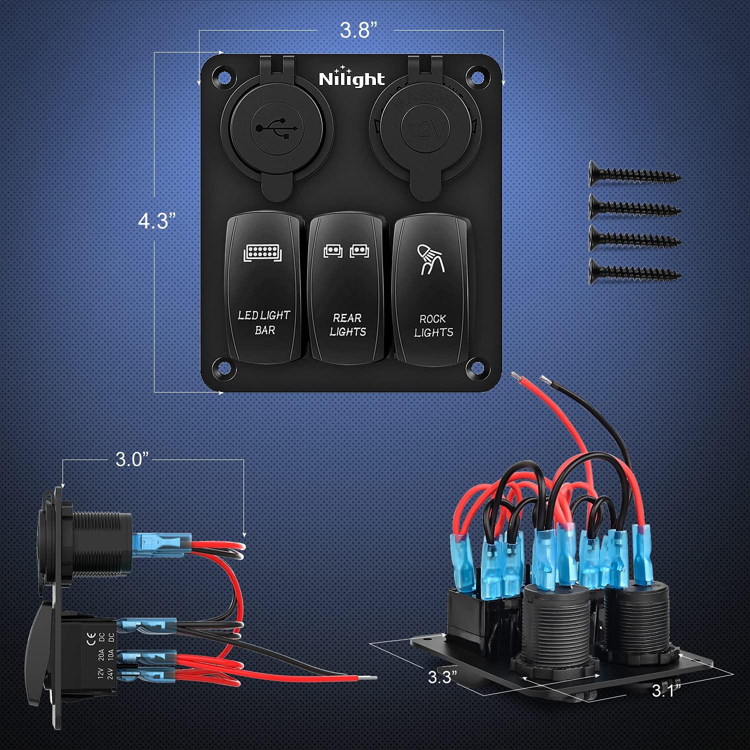 imageNilight 6 Gang Rocker Switch Panel Laser Etched Aluminum LED Light Bar with Cigarette Lighter and Dual USB Charger Voltmeter for 12V24V Cars Trailers UTV Boats RVs Campers3 Gang USBCigar Lighter Socket